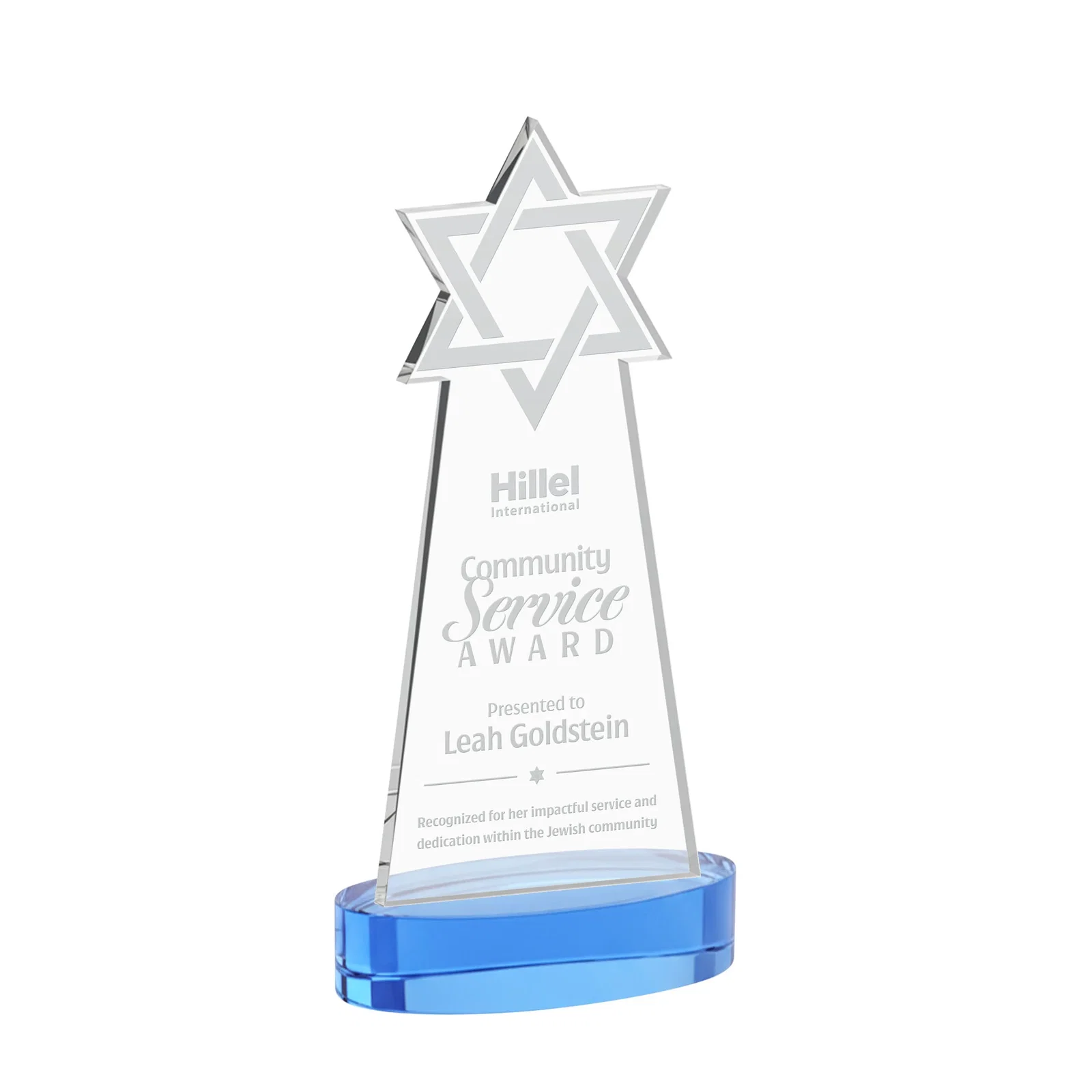 Promotional Starfire Crystal Award with Etched Star of David for donor appreciation
