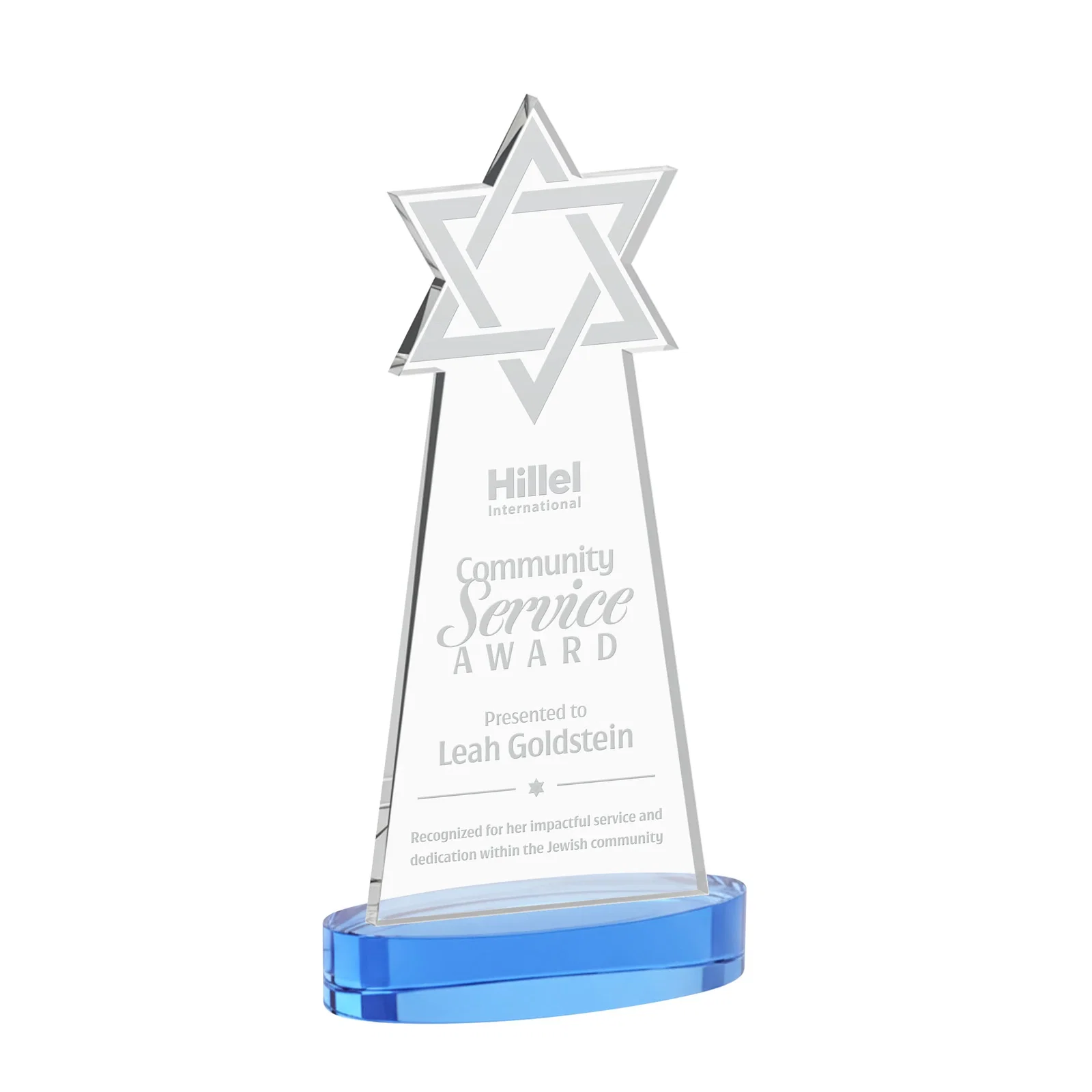 Promotional Starfire Crystal Award with Etched Star of David for graduation ceremonies