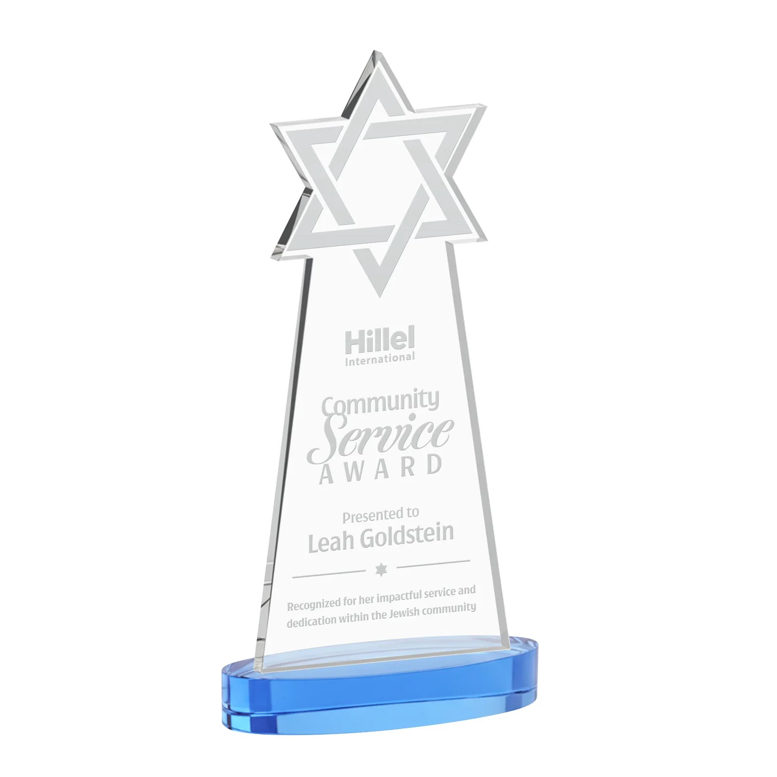 Promotional Starfire Crystal Award with Etched Star of David for safety achievement programs