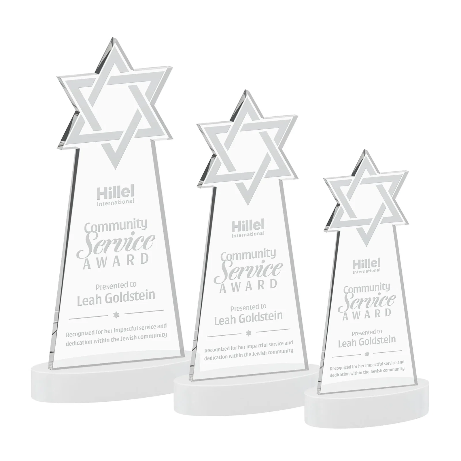 Promotional Starfire Crystal Award with Etched Star of David for volunteer appreciation