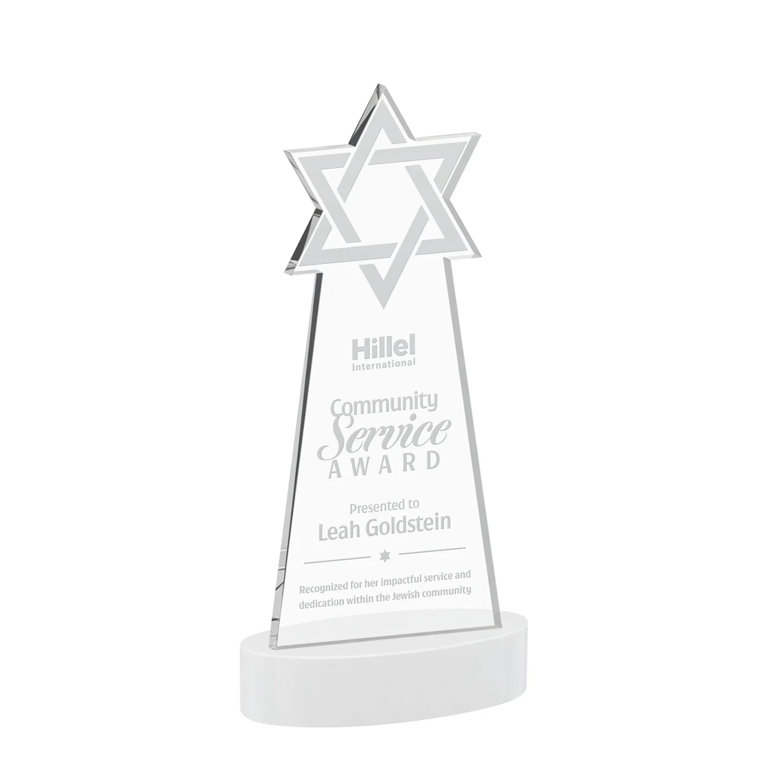 Promotional Starfire Crystal Award with Etched Star of David for dealer and partner awards