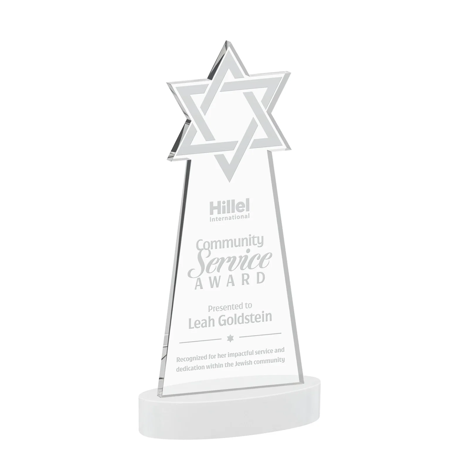 Promotional Starfire Crystal Award with Etched Star of David for company anniversary events