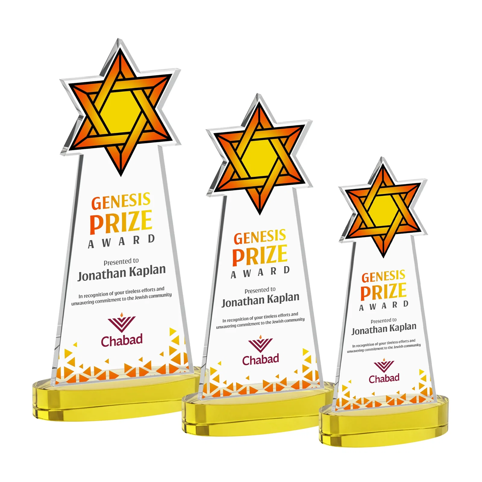 Branded Starfire Crystal Award with Etched Star of David for volunteer appreciation