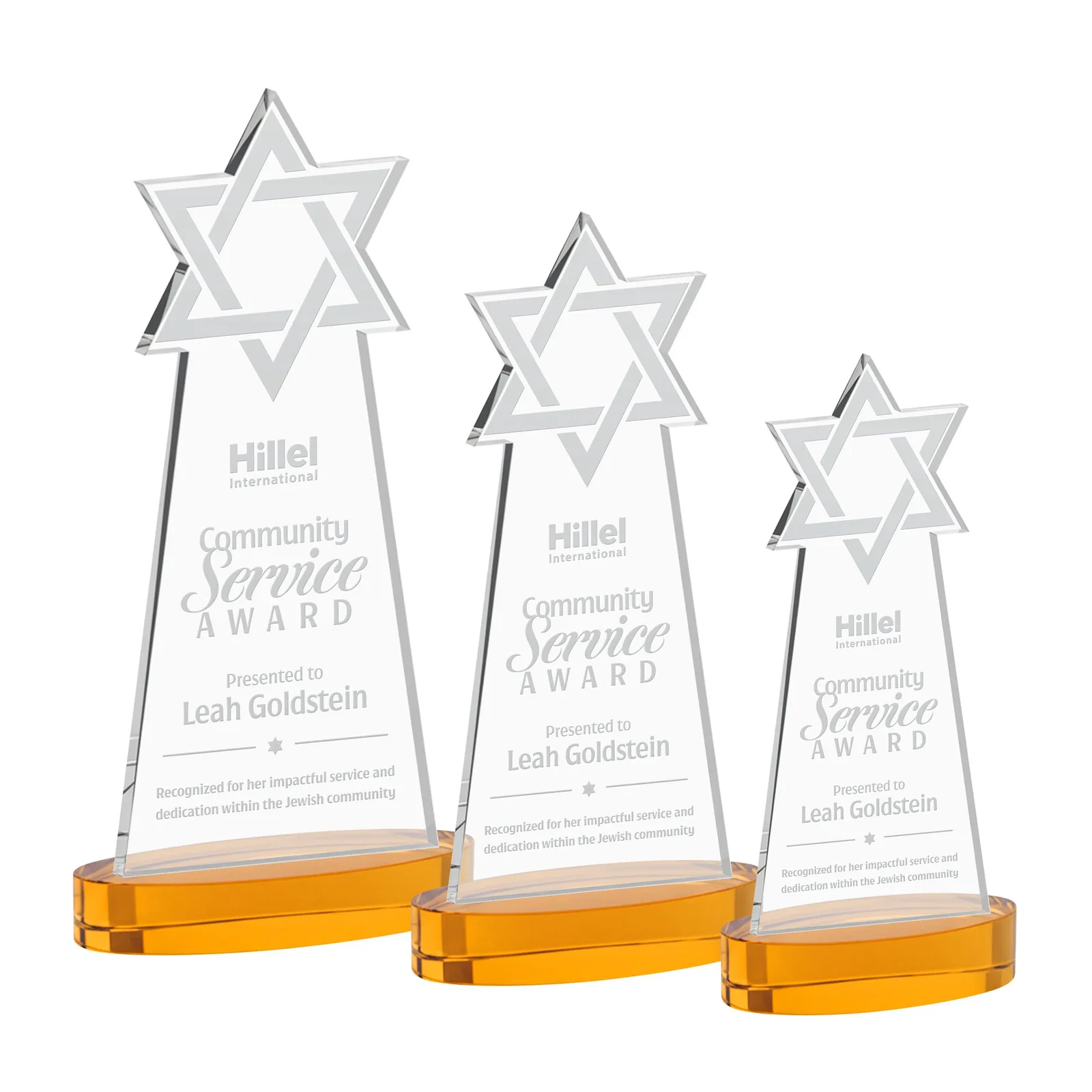 Custom Starfire Crystal Award with Etched Star of David for team milestone celebrations