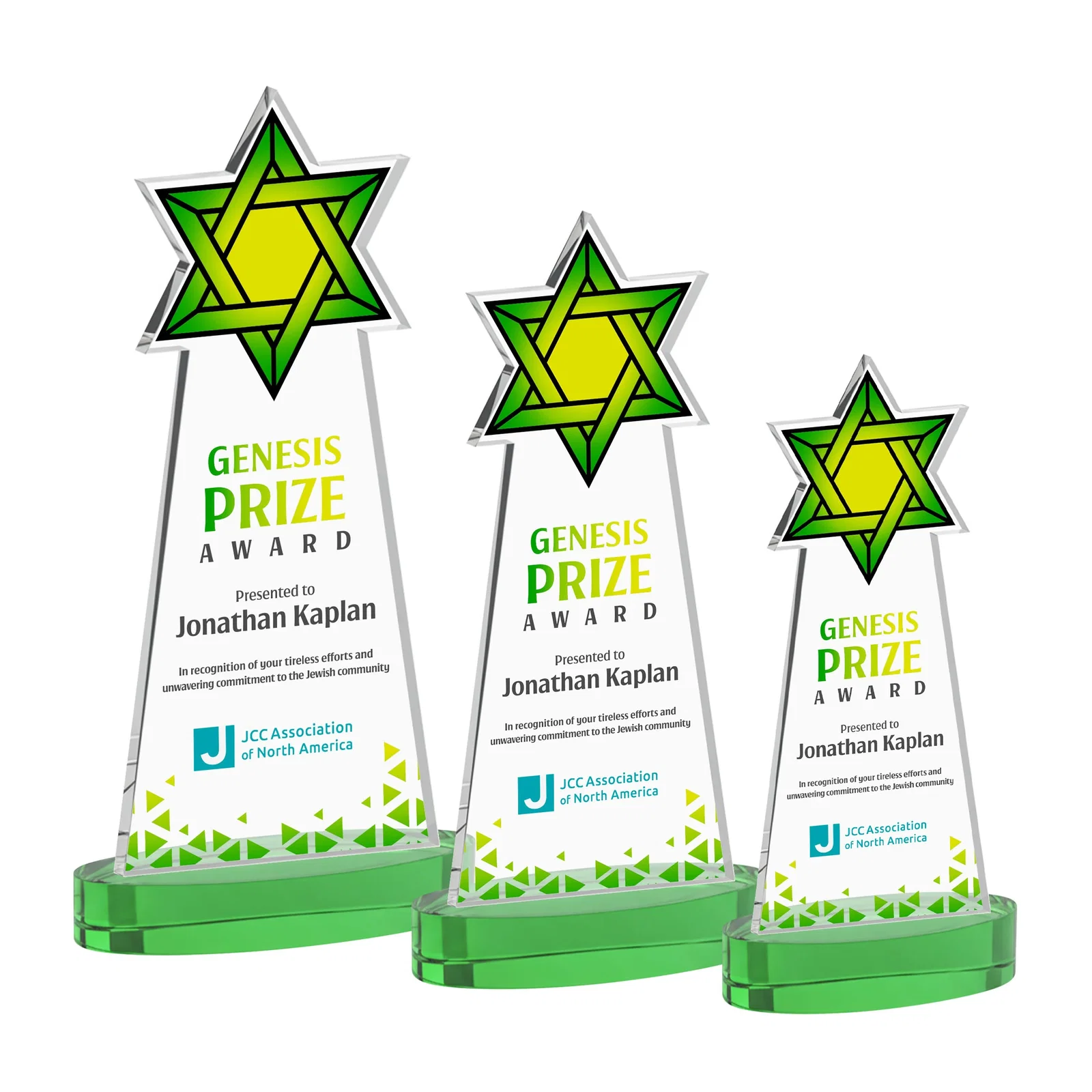 Custom printed Starfire Crystal Award with Etched Star of David for corporate award ceremonies