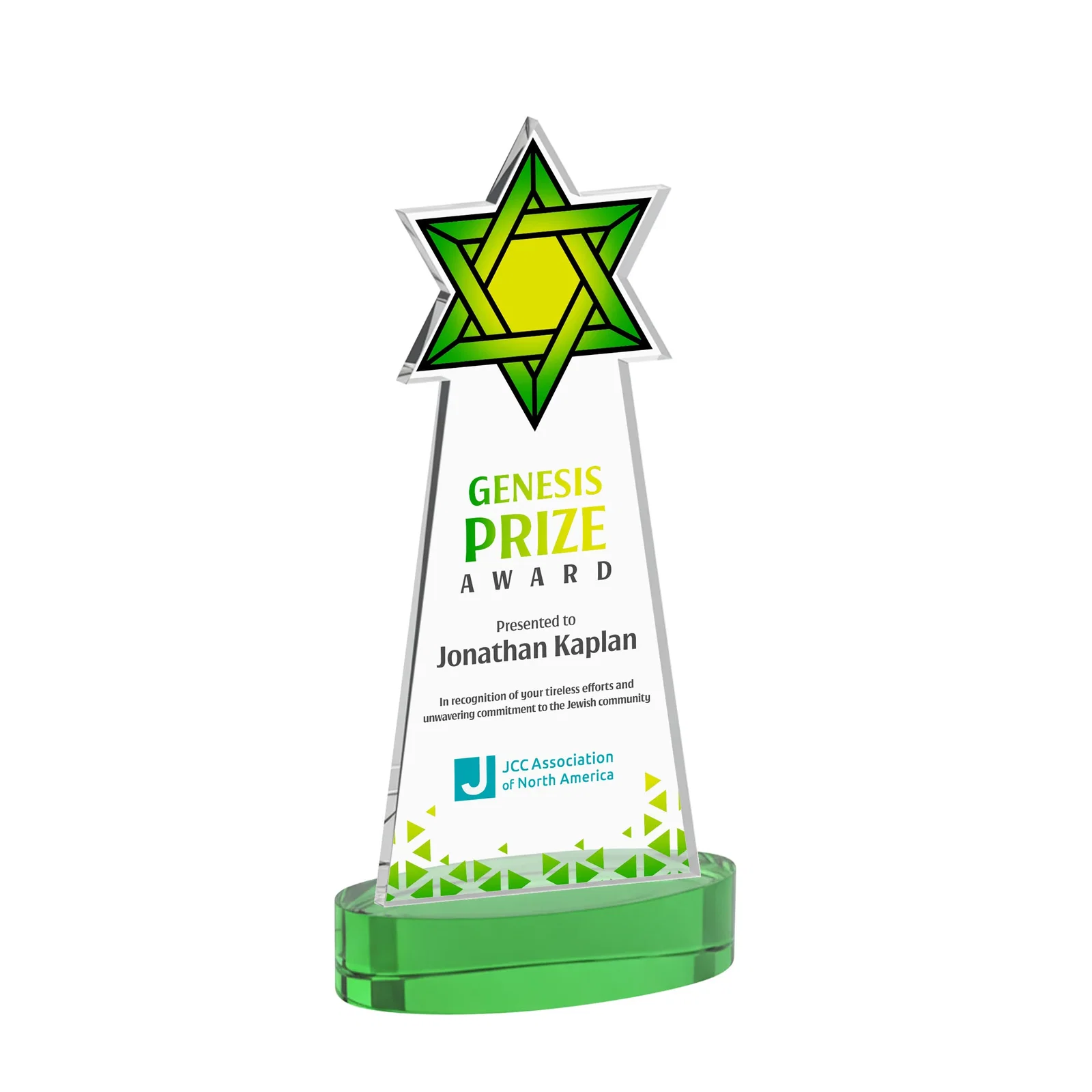 Custom printed Starfire Crystal Award with Etched Star of David for service anniversary gifts