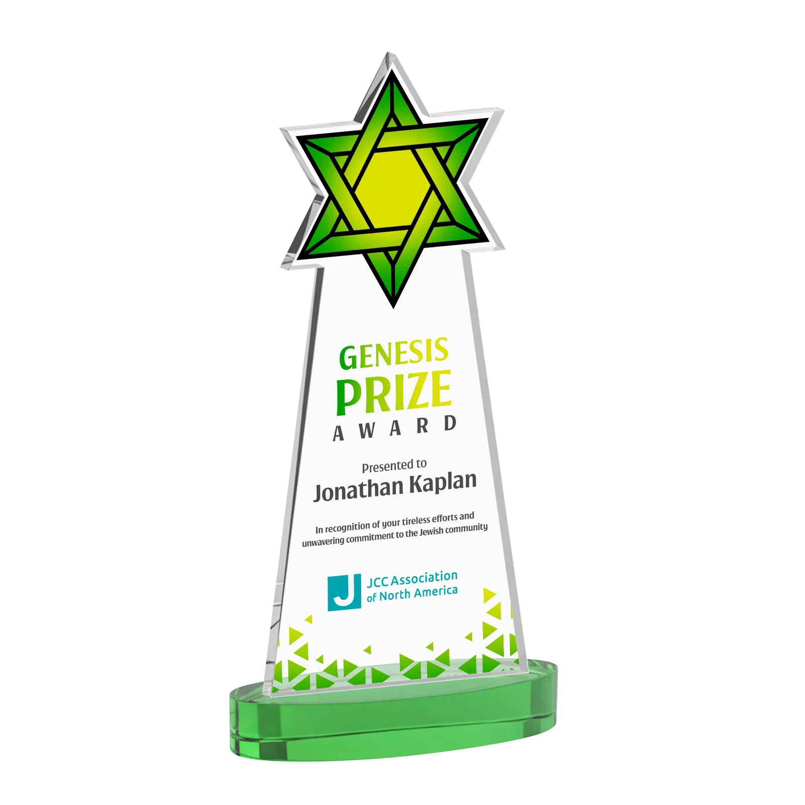 Custom printed Starfire Crystal Award with Etched Star of David for retirement presentations