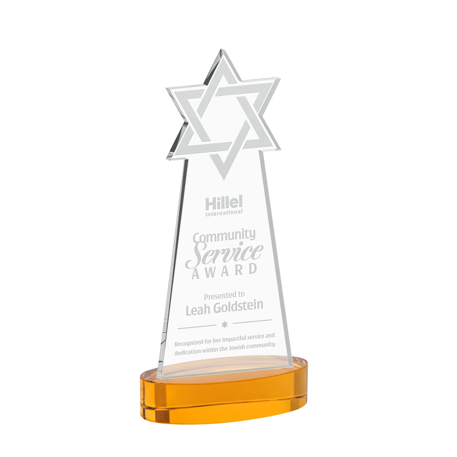 Custom Starfire Crystal Award with Etched Star of David for donor appreciation