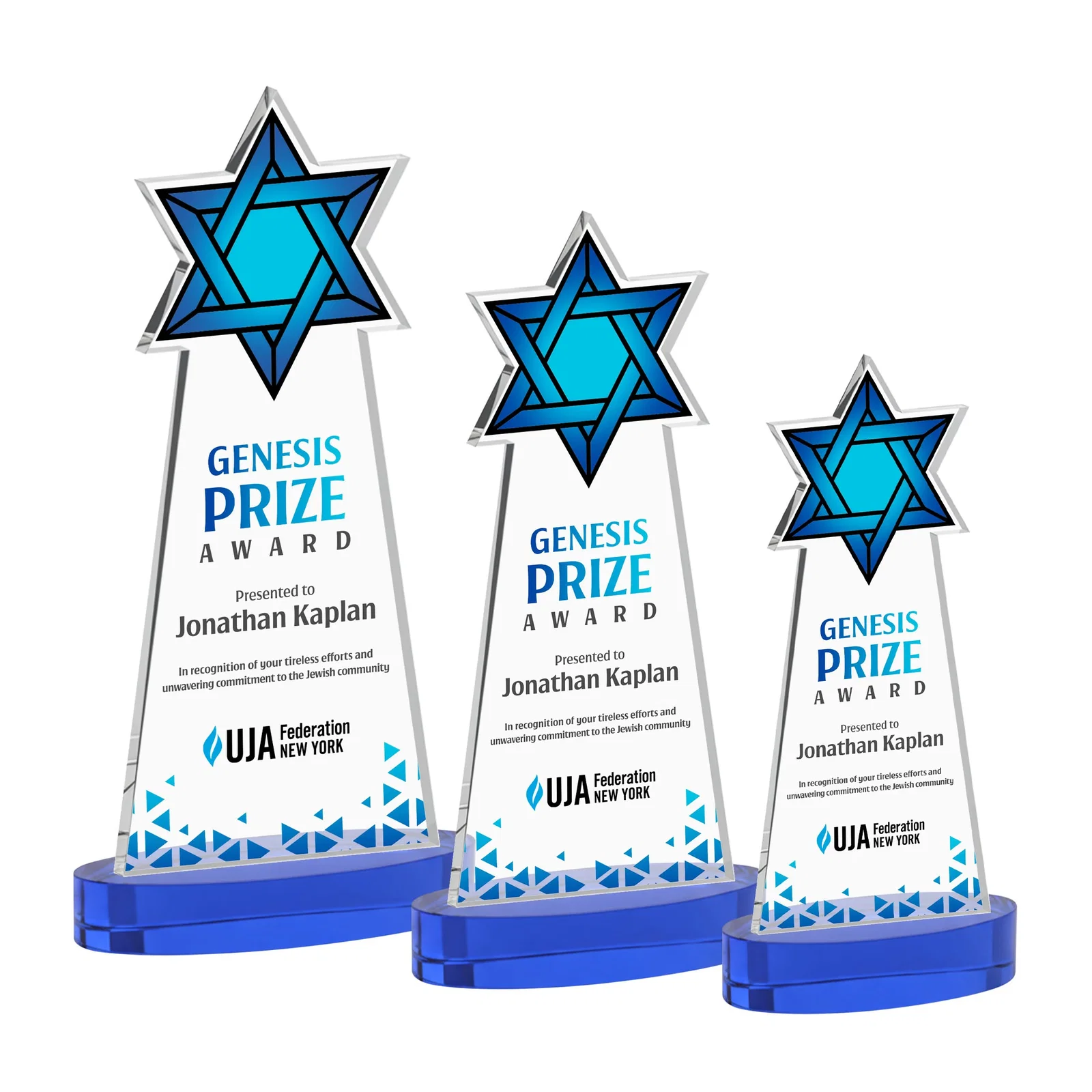 Custom printed Starfire Crystal Award with Etched Star of David for volunteer appreciation