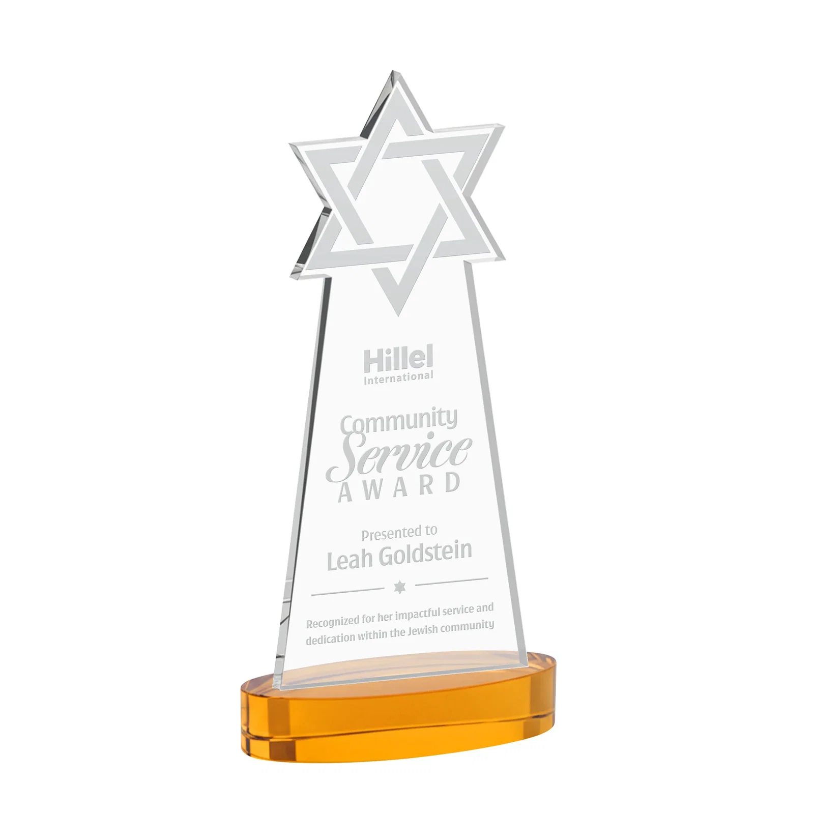 Custom Starfire Crystal Award with Etched Star of David for graduation ceremonies