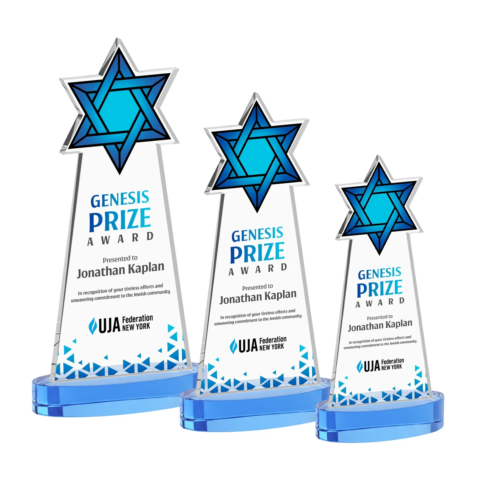Customized Starfire Crystal Award with Etched Star of David for team milestone celebrations