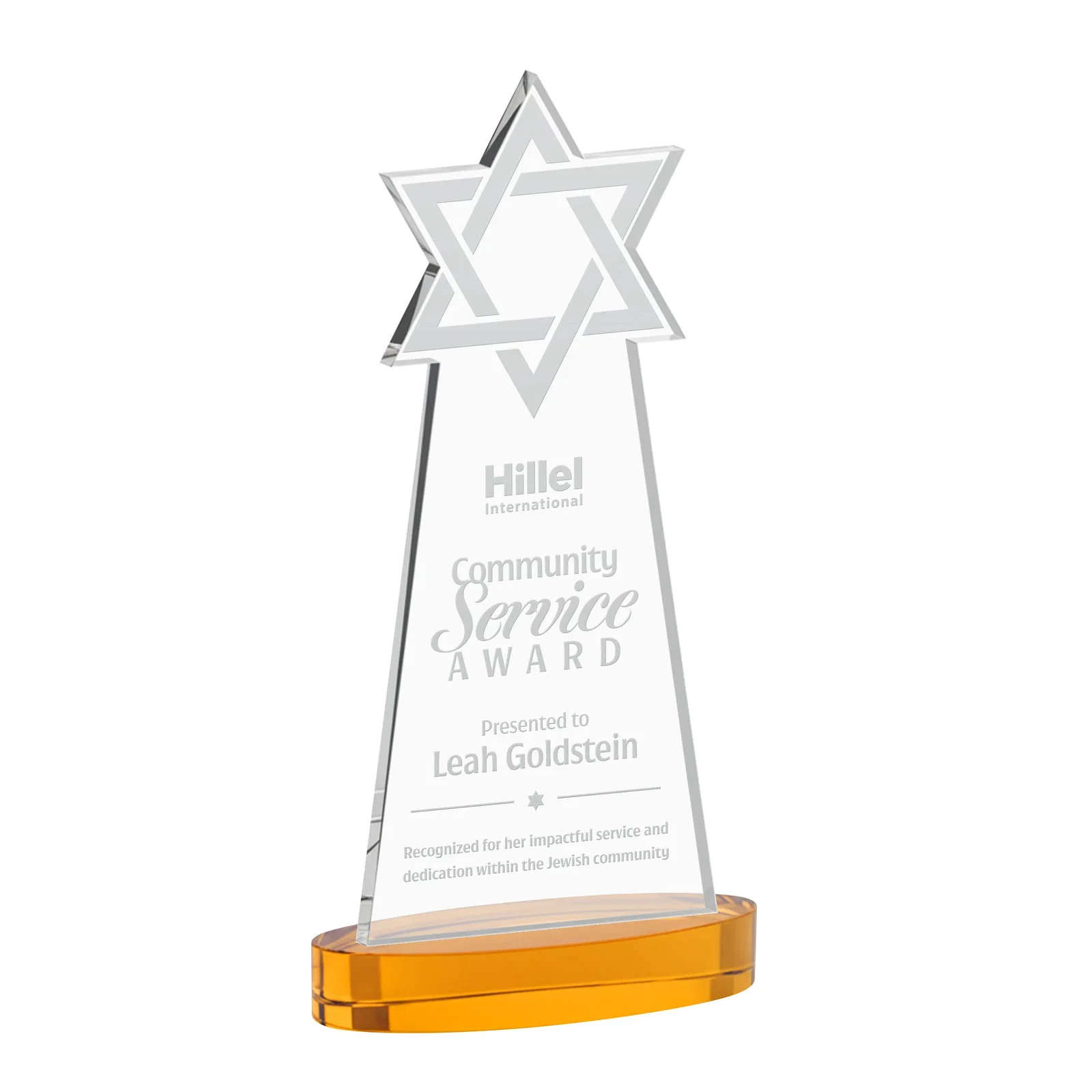 Custom Starfire Crystal Award with Etched Star of David for safety achievement programs