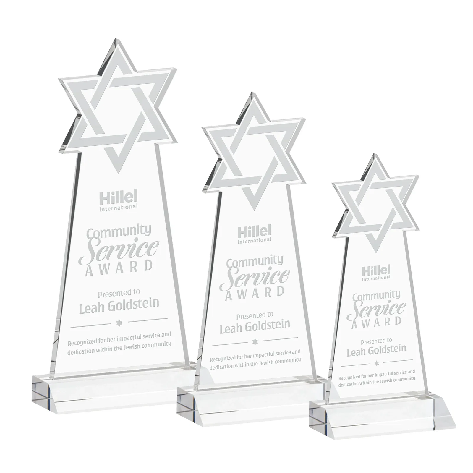 Custom Starfire Star of David Award on a Front-Mitered Base for employee recognition