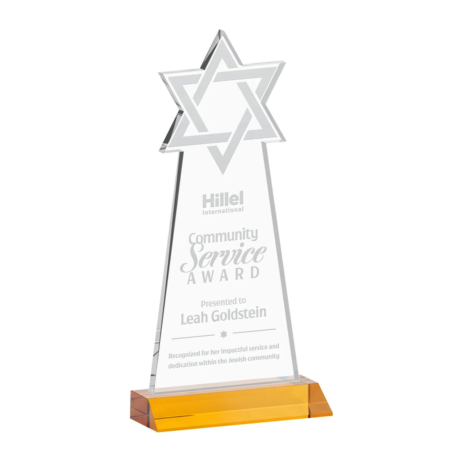 Custom Starfire Star of David Award on a Front-Mitered Base for volunteer appreciation