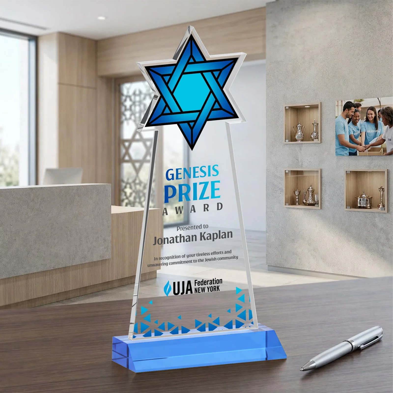 Custom Starfire Star of David Award on a Front-Mitered Base, with your logo for corporate award ceremonies