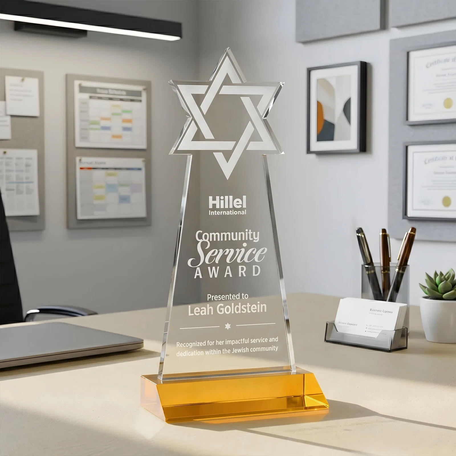 Custom Starfire Star of David Award on a Front-Mitered Base for dealer and partner awards
