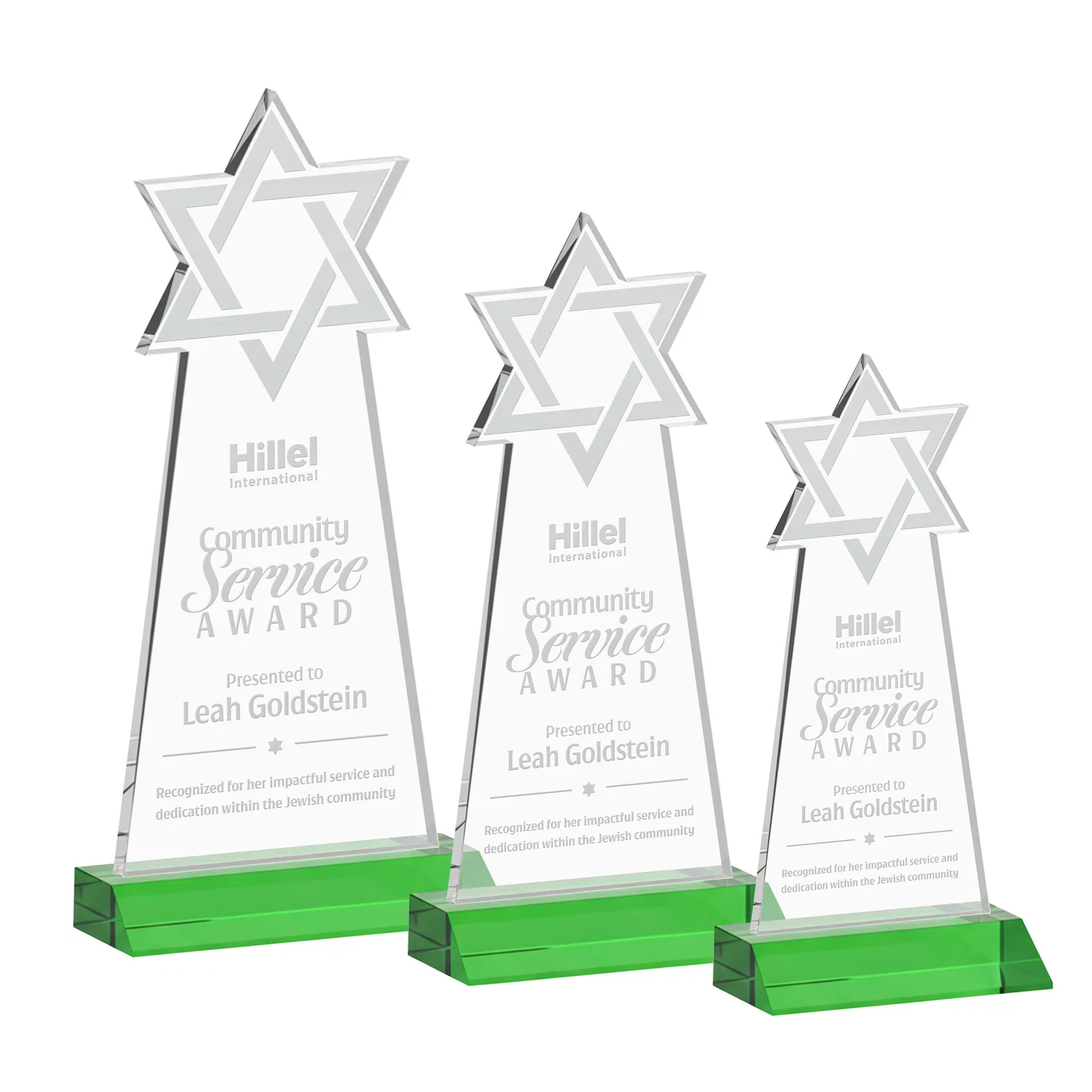 Custom Starfire Star of David Award on a Front-Mitered Base for company anniversary events