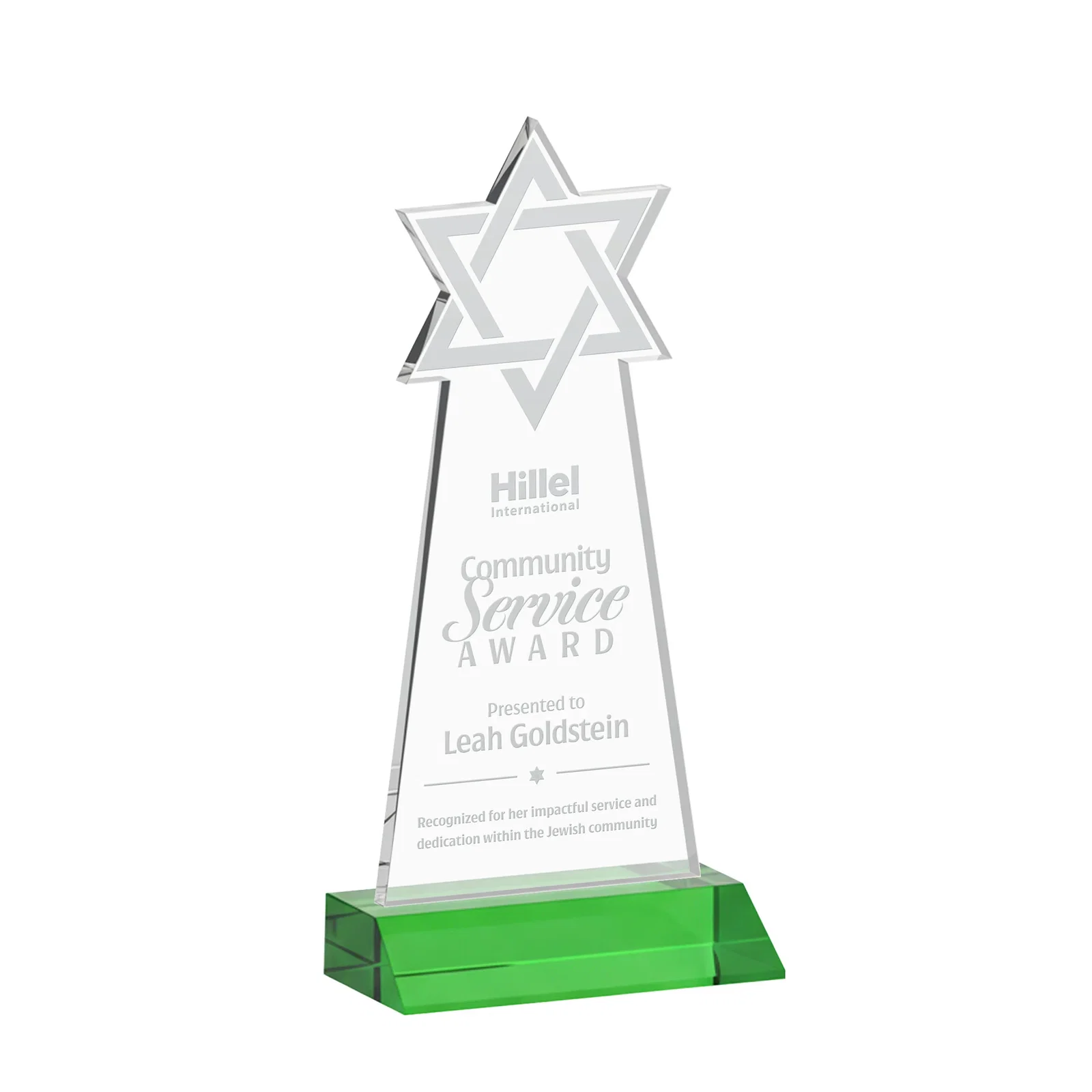 Personalized Starfire Star of David Award on a Front-Mitered Base for employee recognition