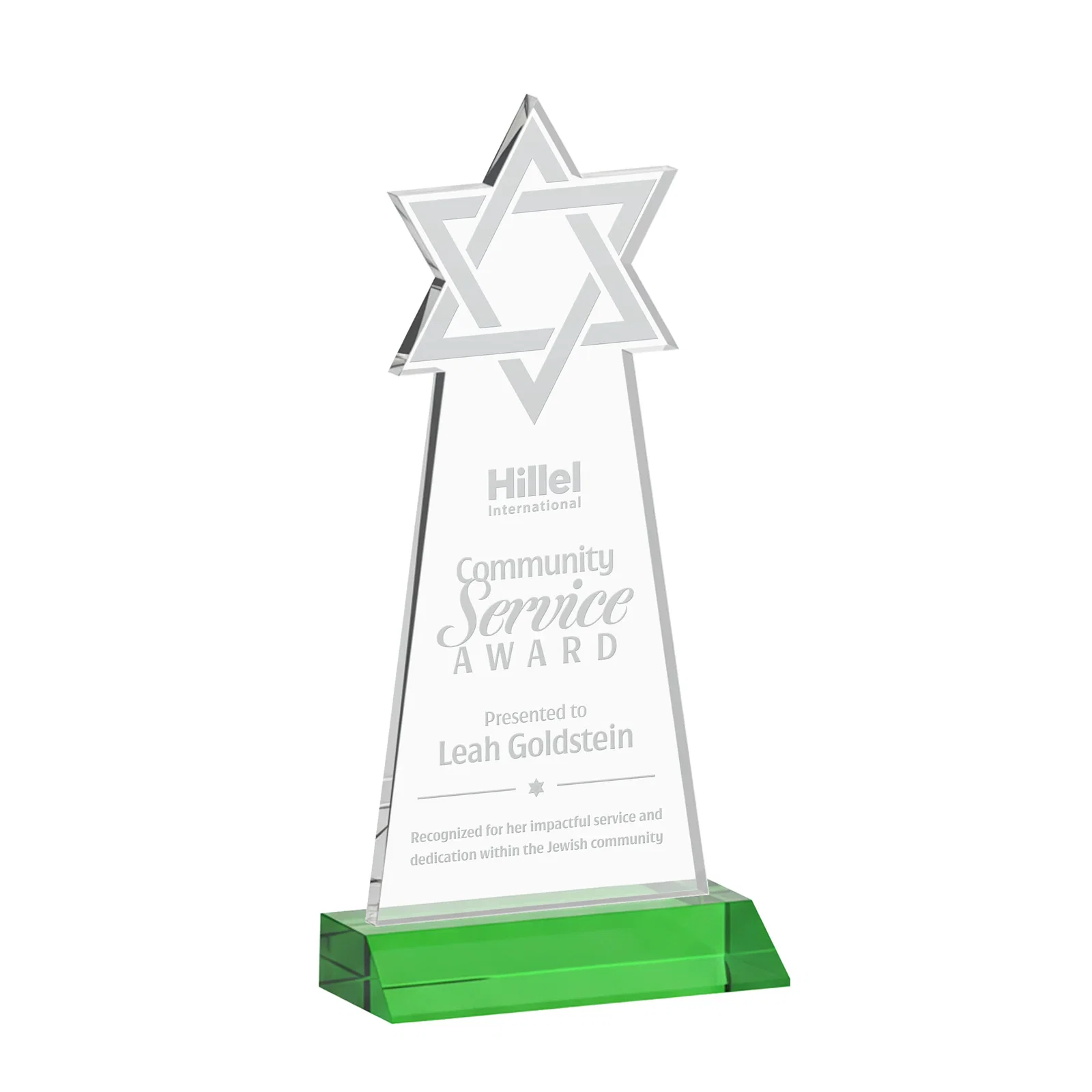 Personalized Starfire Star of David Award on a Front-Mitered Base for corporate award ceremonies