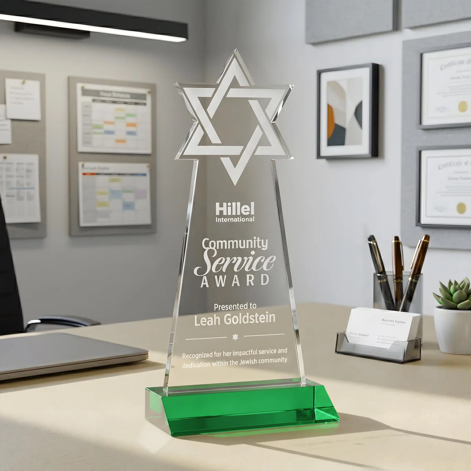 Personalized Starfire Star of David Award on a Front-Mitered Base for sales achievement awards