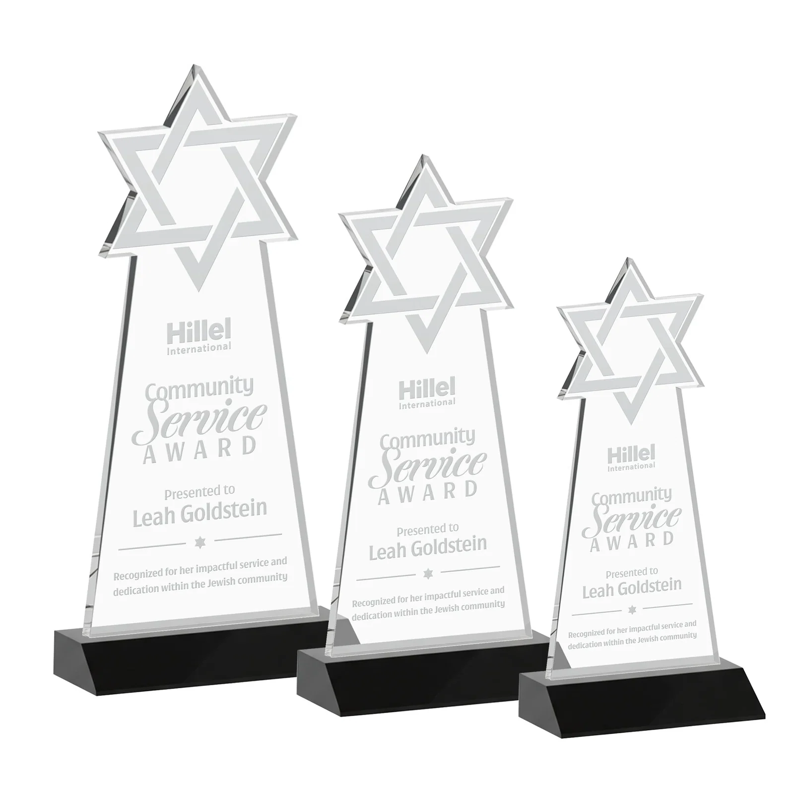 Personalized Starfire Star of David Award on a Front-Mitered Base for retirement presentations