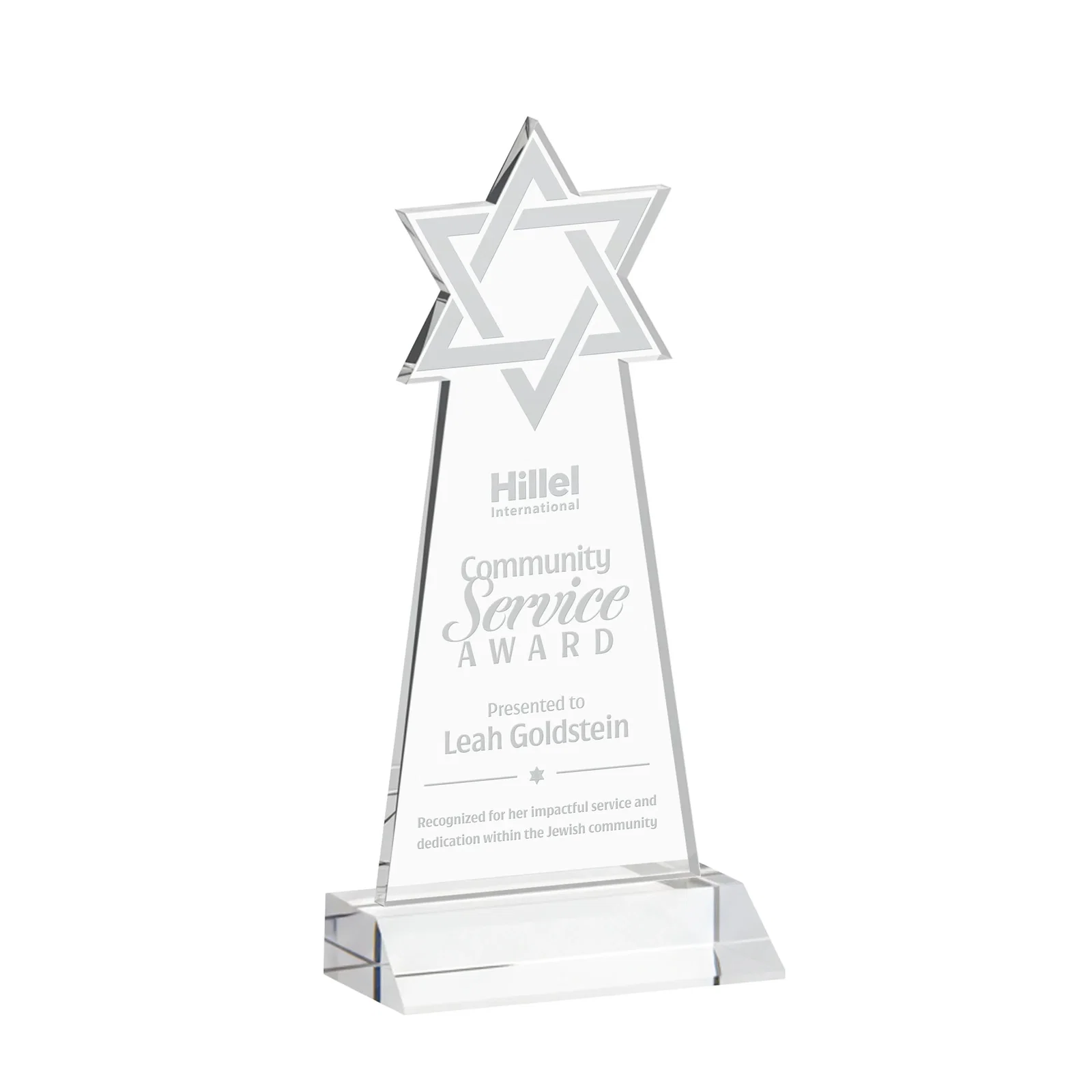 Custom Starfire Star of David Award on a Front-Mitered Base for corporate award ceremonies