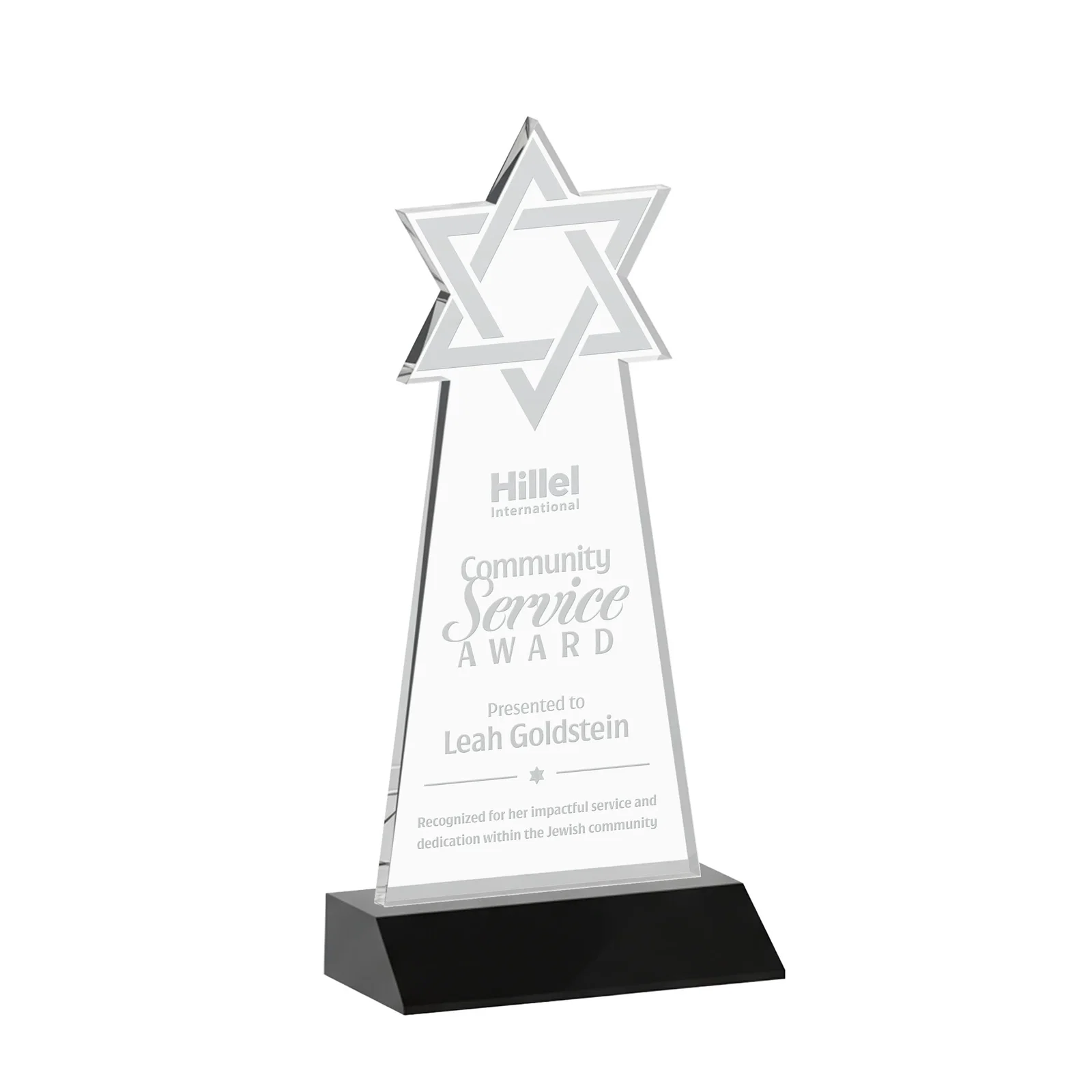 Personalized Starfire Star of David Award on a Front-Mitered Base for team milestone celebrations