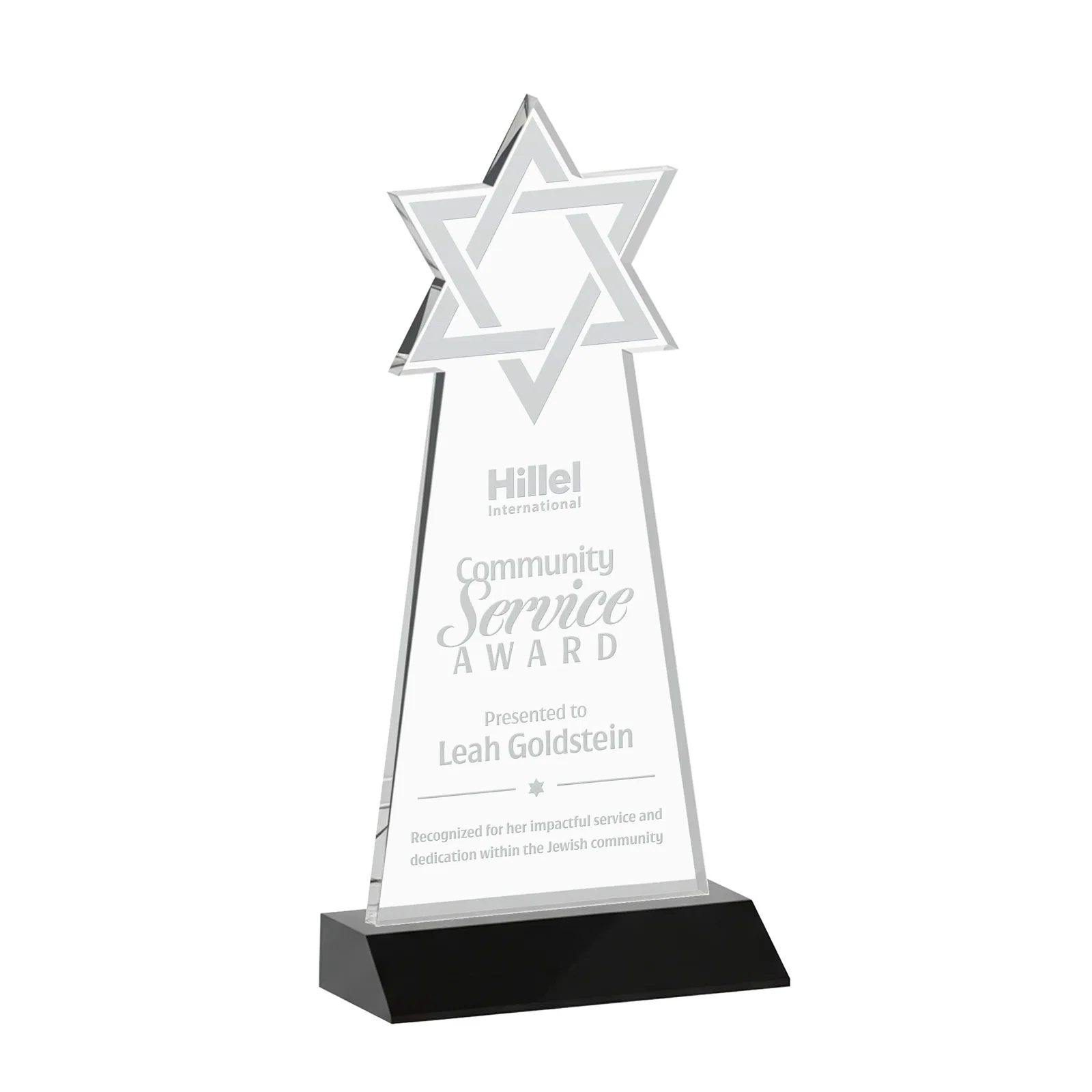Personalized Starfire Star of David Award on a Front-Mitered Base for donor appreciation