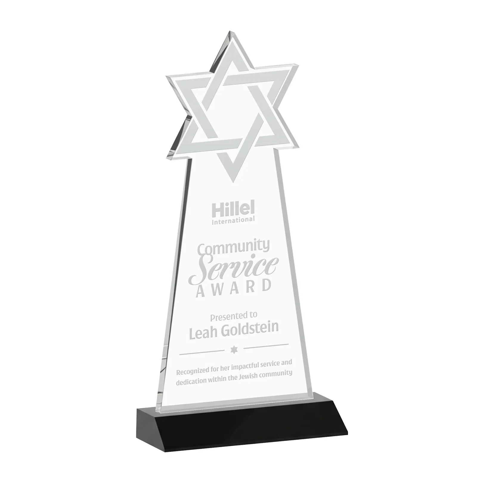 Personalized Starfire Star of David Award on a Front-Mitered Base for graduation ceremonies