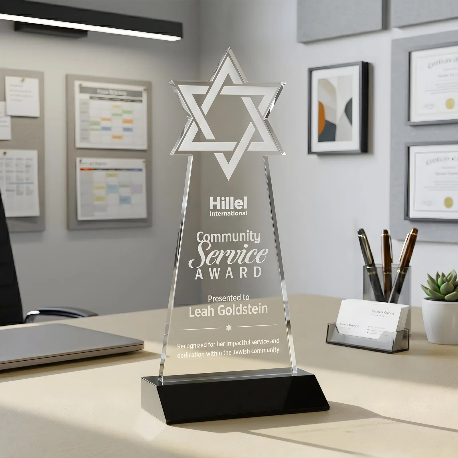 Personalized Starfire Star of David Award on a Front-Mitered Base for safety achievement programs