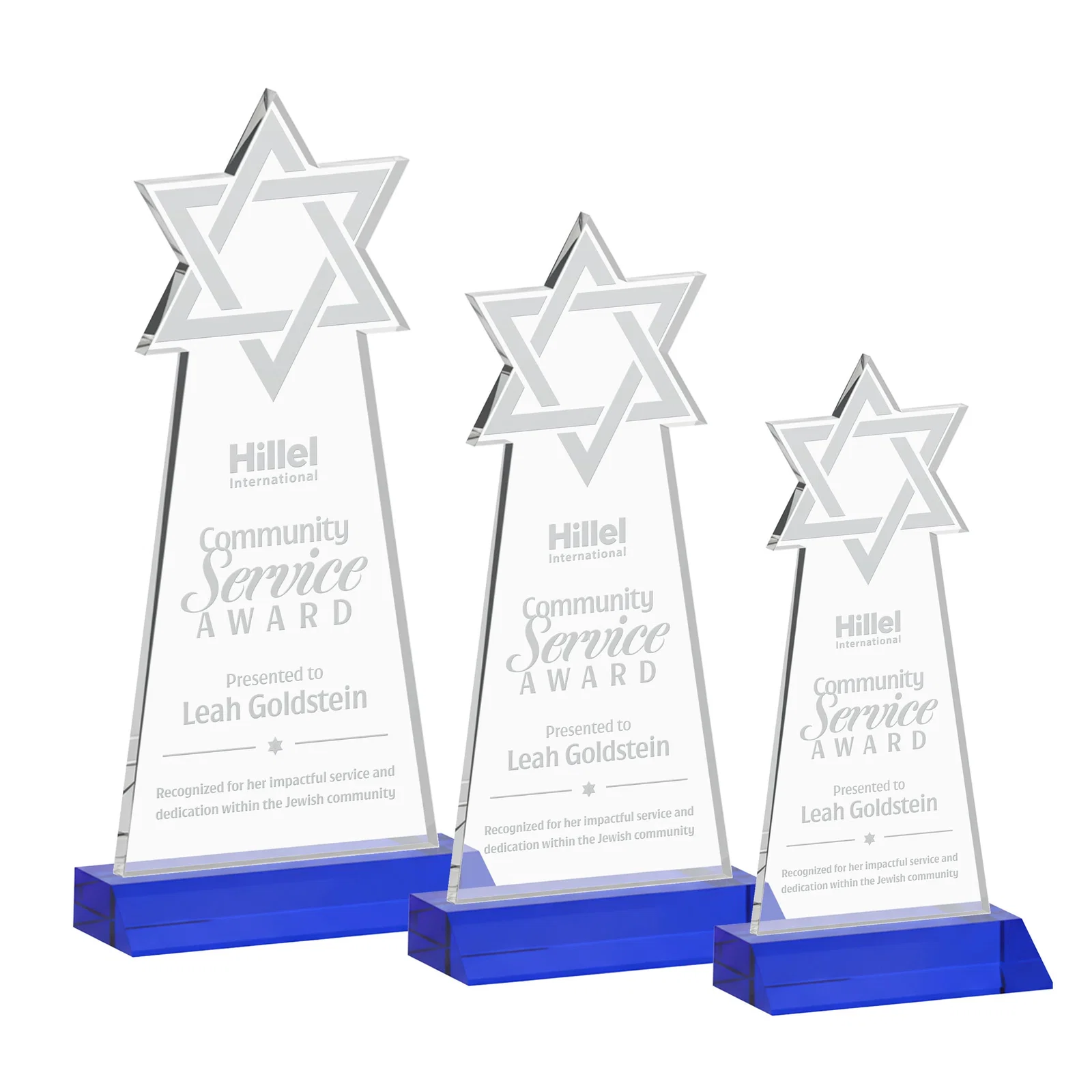 Personalized Starfire Star of David Award on a Front-Mitered Base for volunteer appreciation