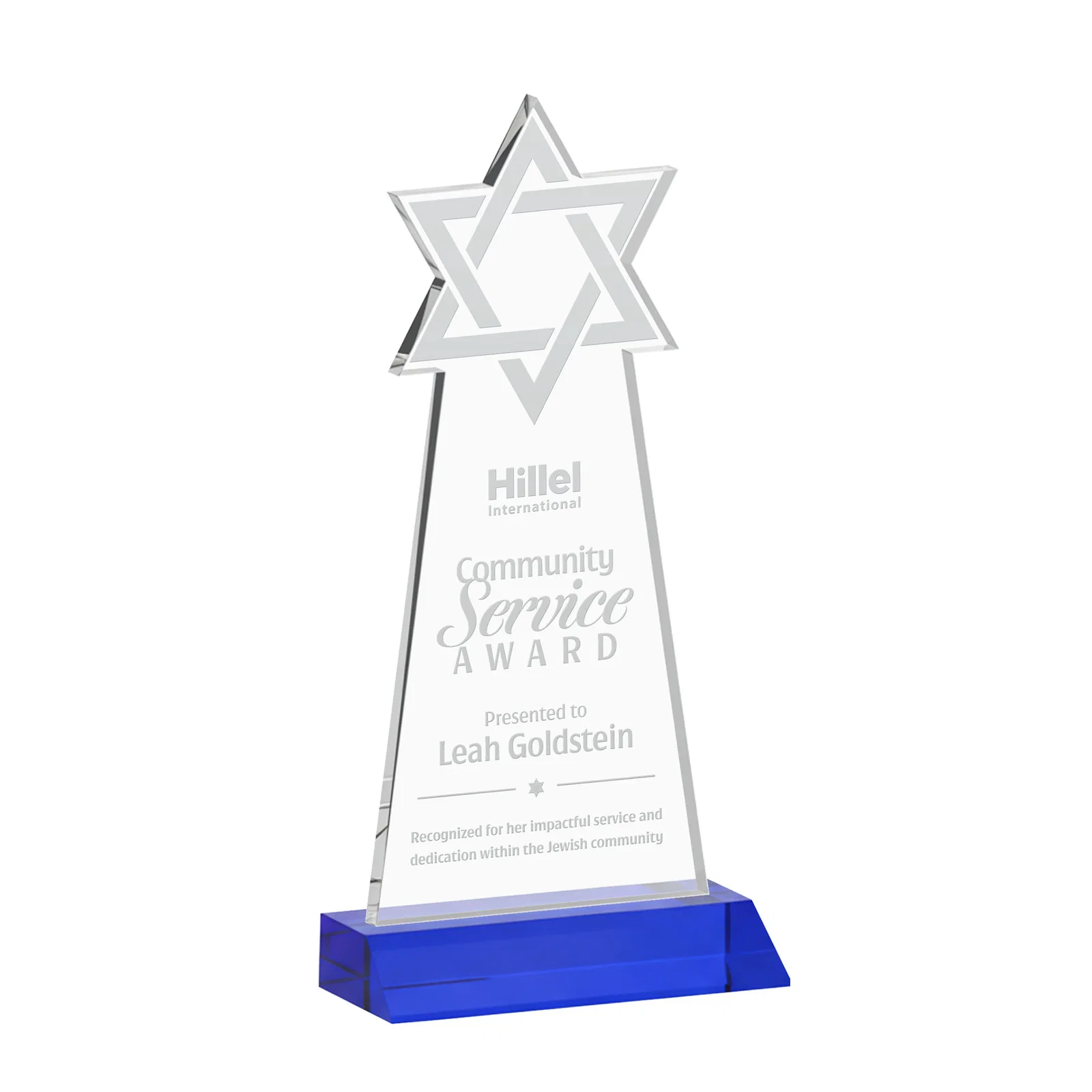 Personalized Starfire Star of David Award on a Front-Mitered Base for company anniversary events