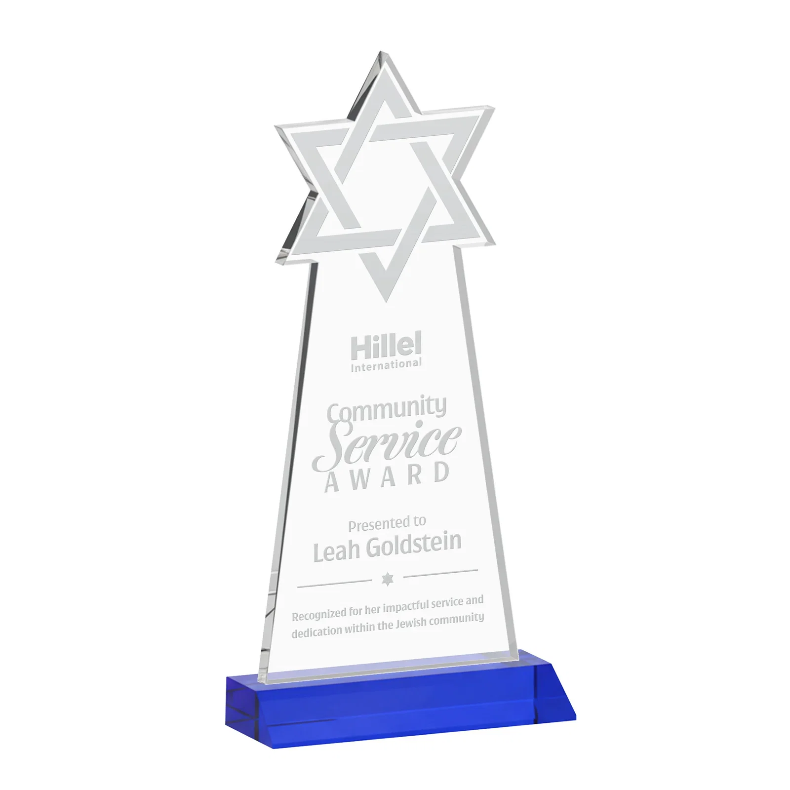 Promotional Starfire Star of David Award on a Front-Mitered Base for employee recognition
