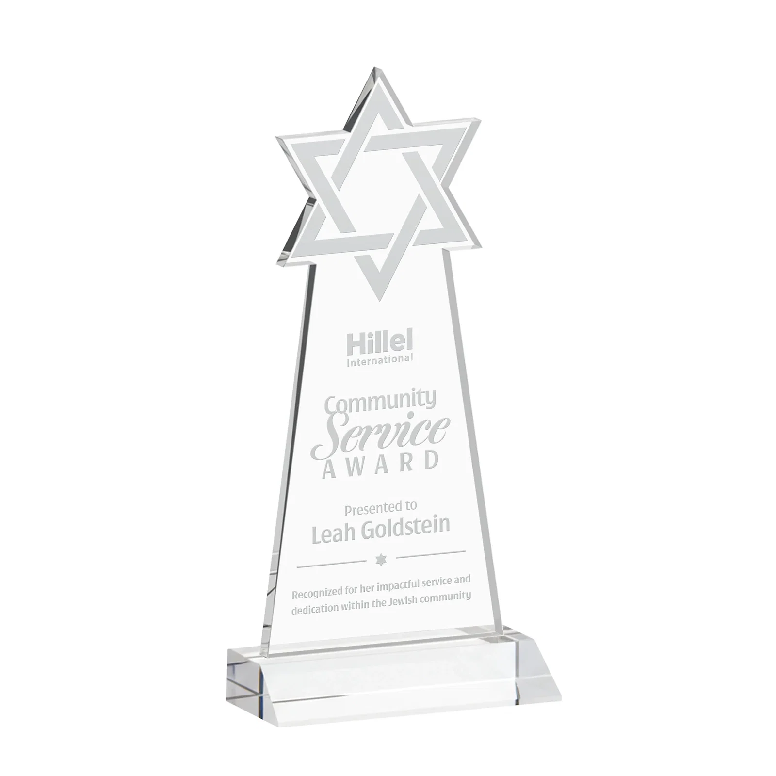 Custom Starfire Star of David Award on a Front-Mitered Base for service anniversary gifts