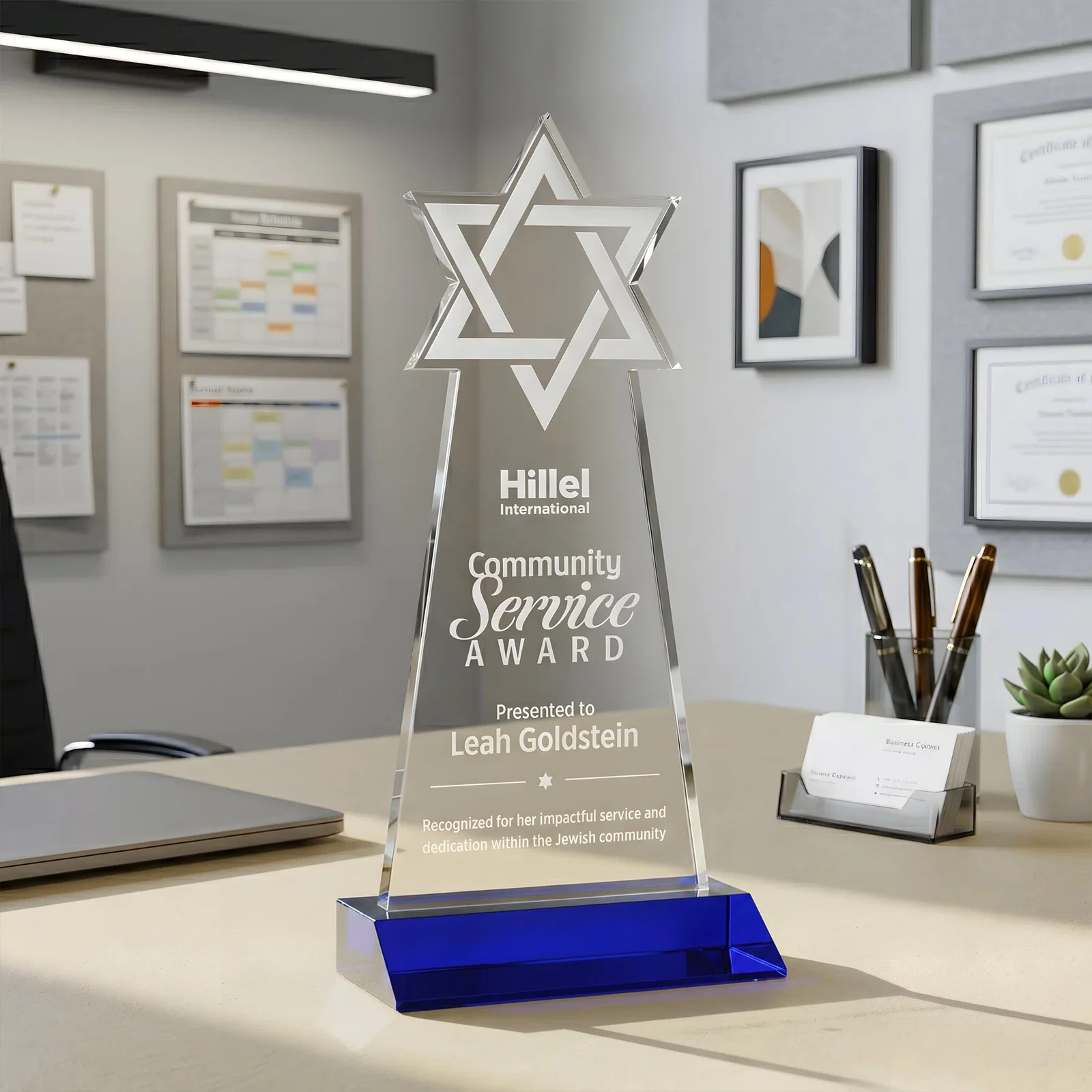 Promotional Starfire Star of David Award on a Front-Mitered Base for corporate award ceremonies