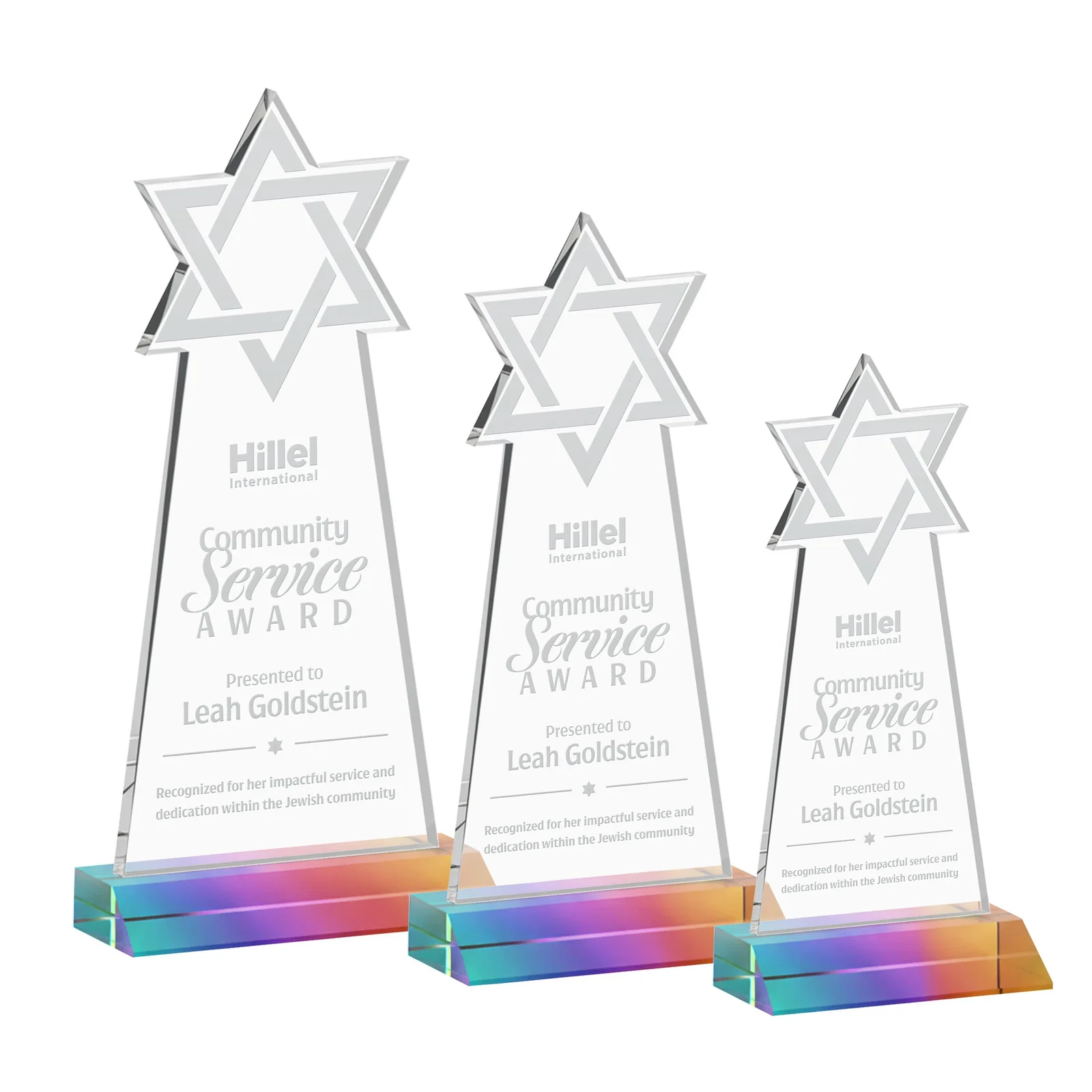 Promotional Starfire Star of David Award on a Front-Mitered Base for service anniversary gifts