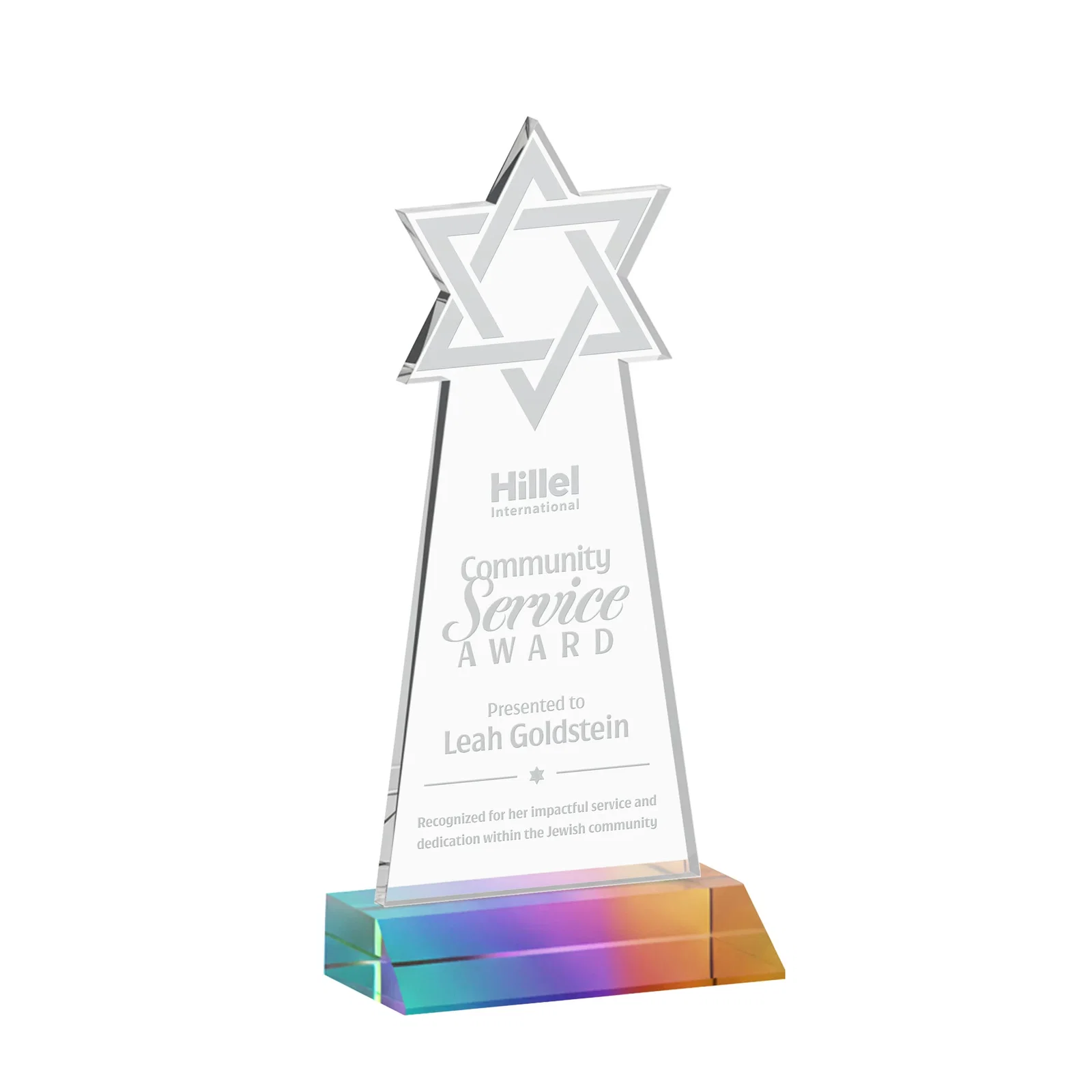 Promotional Starfire Star of David Award on a Front-Mitered Base for sales achievement awards