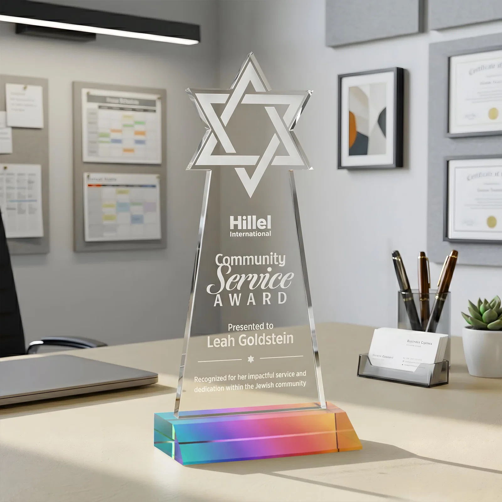Promotional Starfire Star of David Award on a Front-Mitered Base for donor appreciation