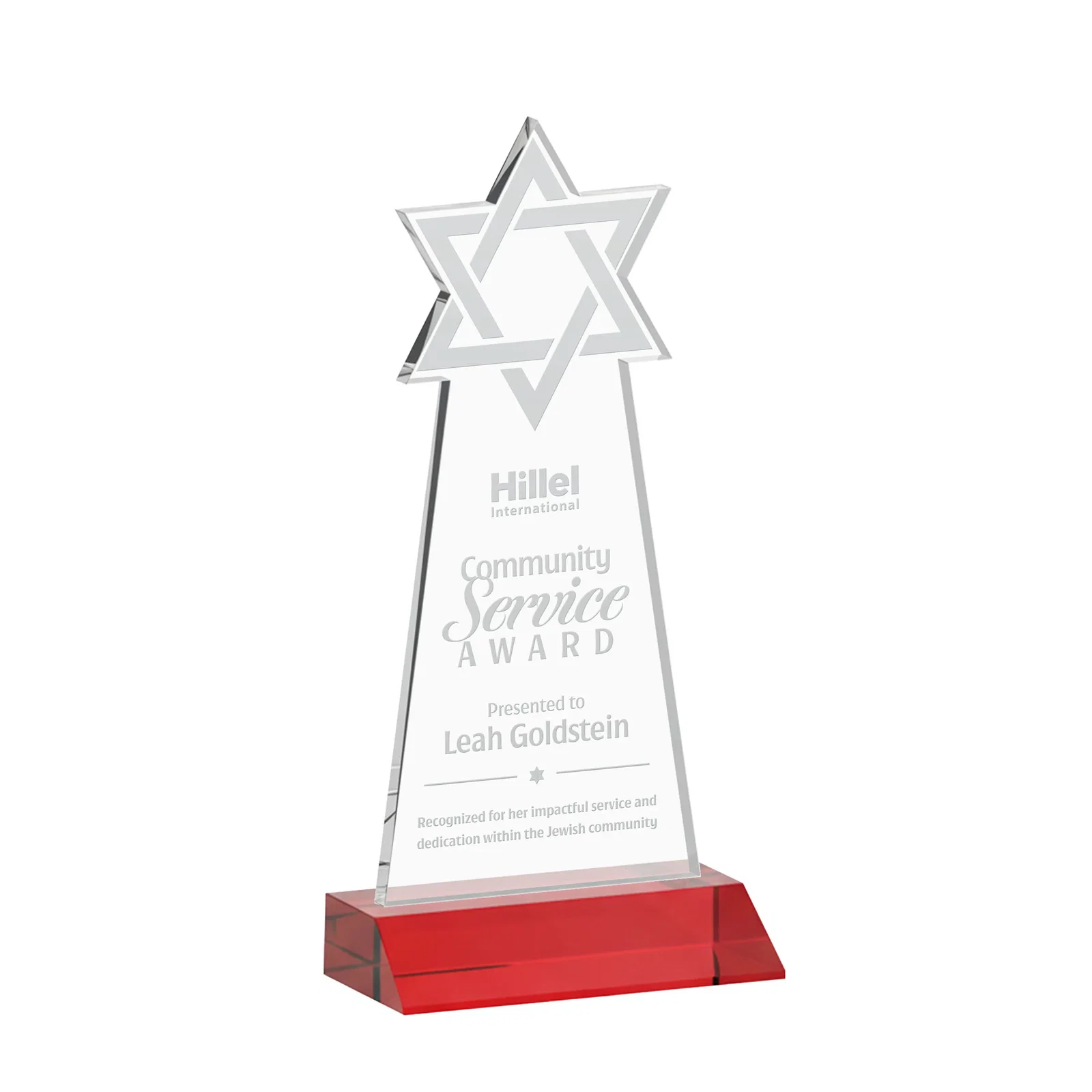 Promotional Starfire Star of David Award on a Front-Mitered Base for safety achievement programs