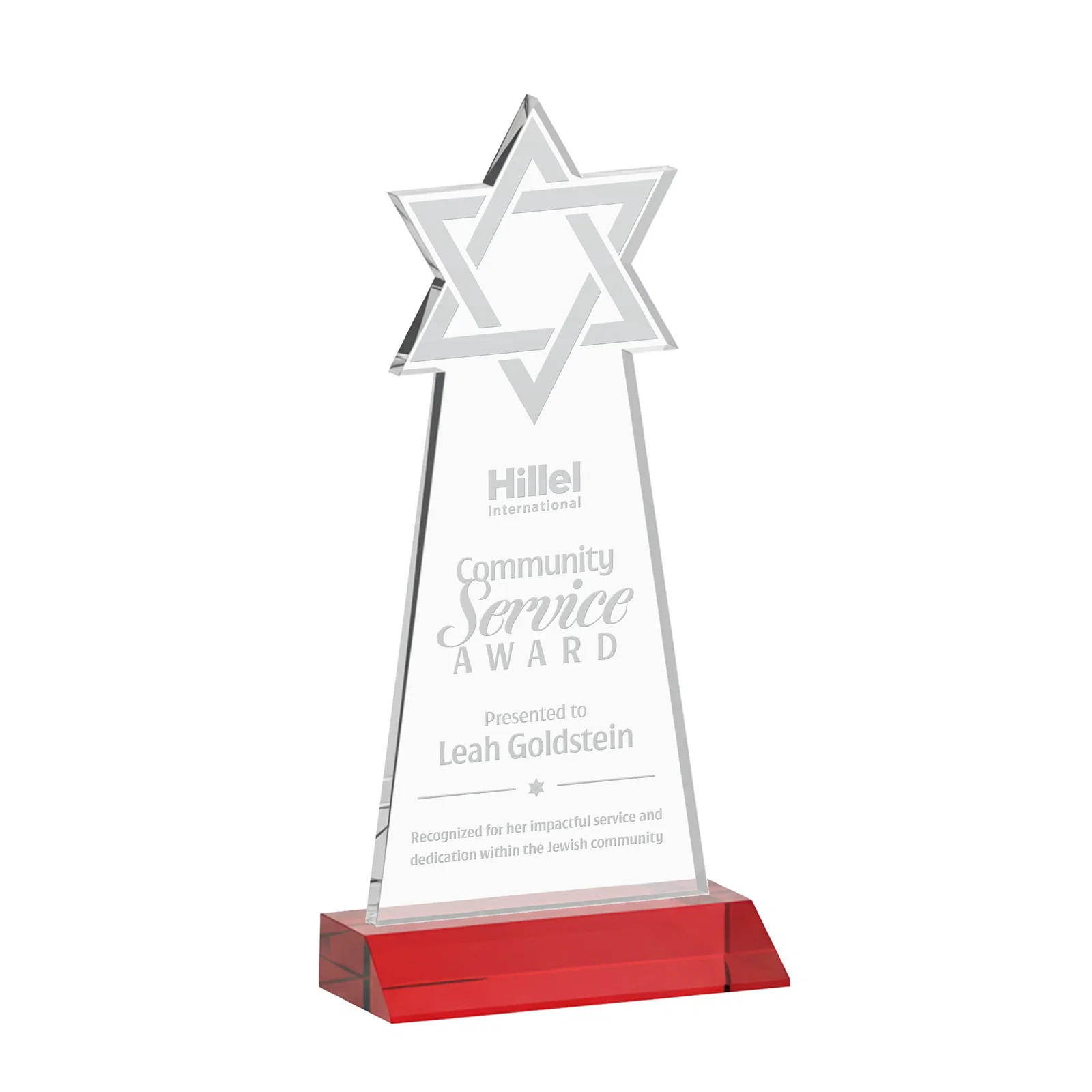 Promotional Starfire Star of David Award on a Front-Mitered Base for volunteer appreciation
