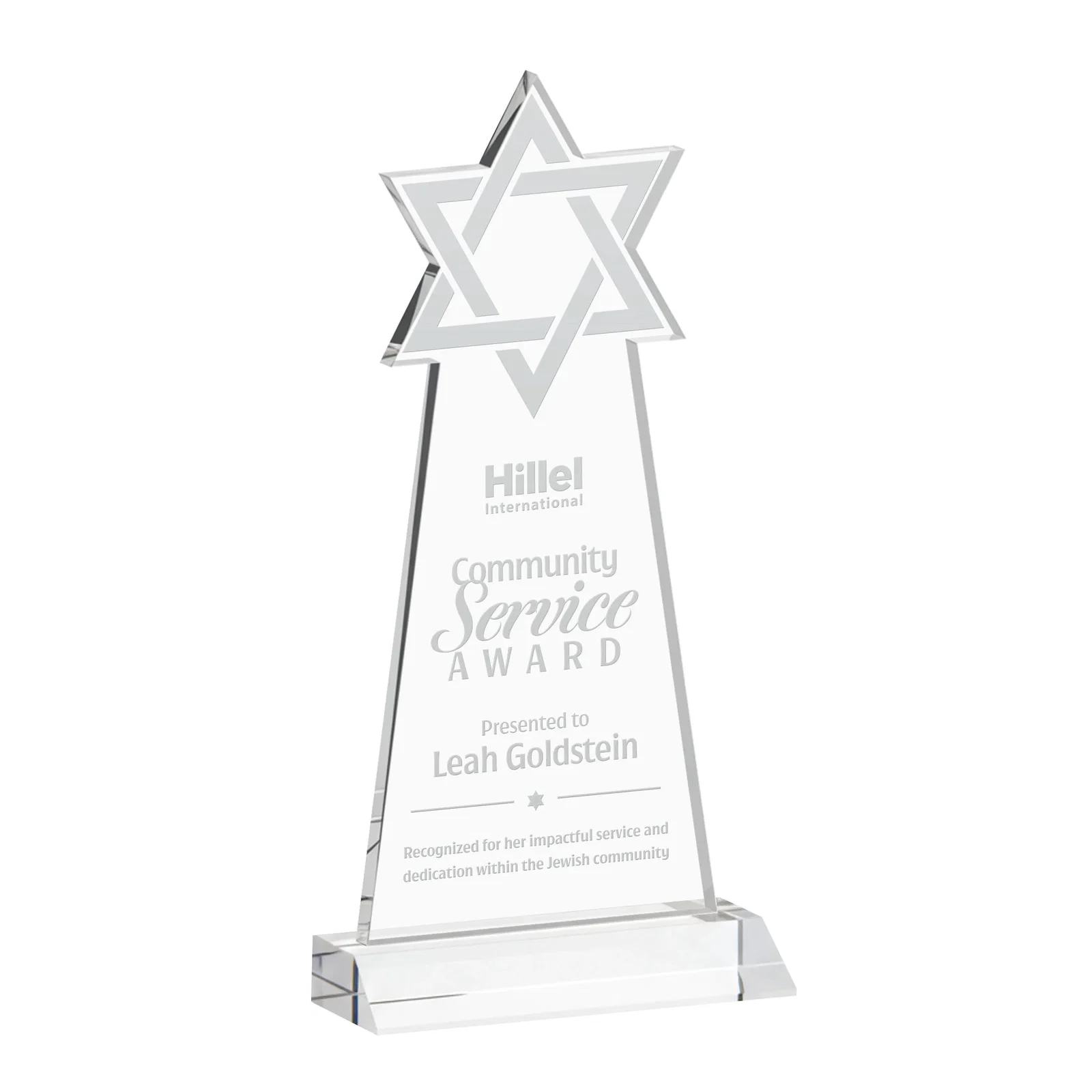 Custom Starfire Star of David Award on a Front-Mitered Base for sales achievement awards