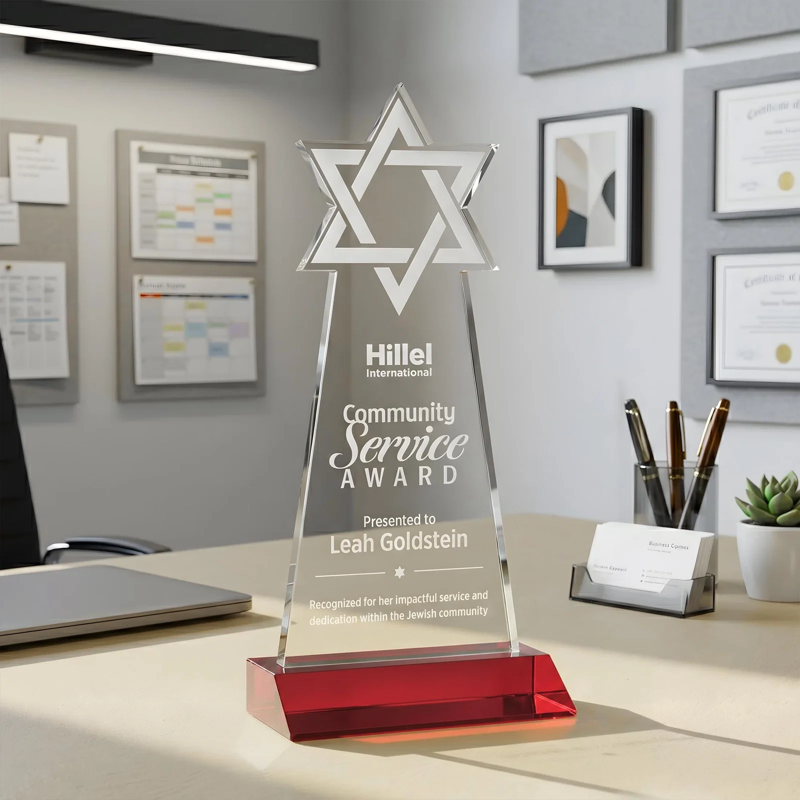 Promotional Starfire Star of David Award on a Front-Mitered Base for company anniversary events