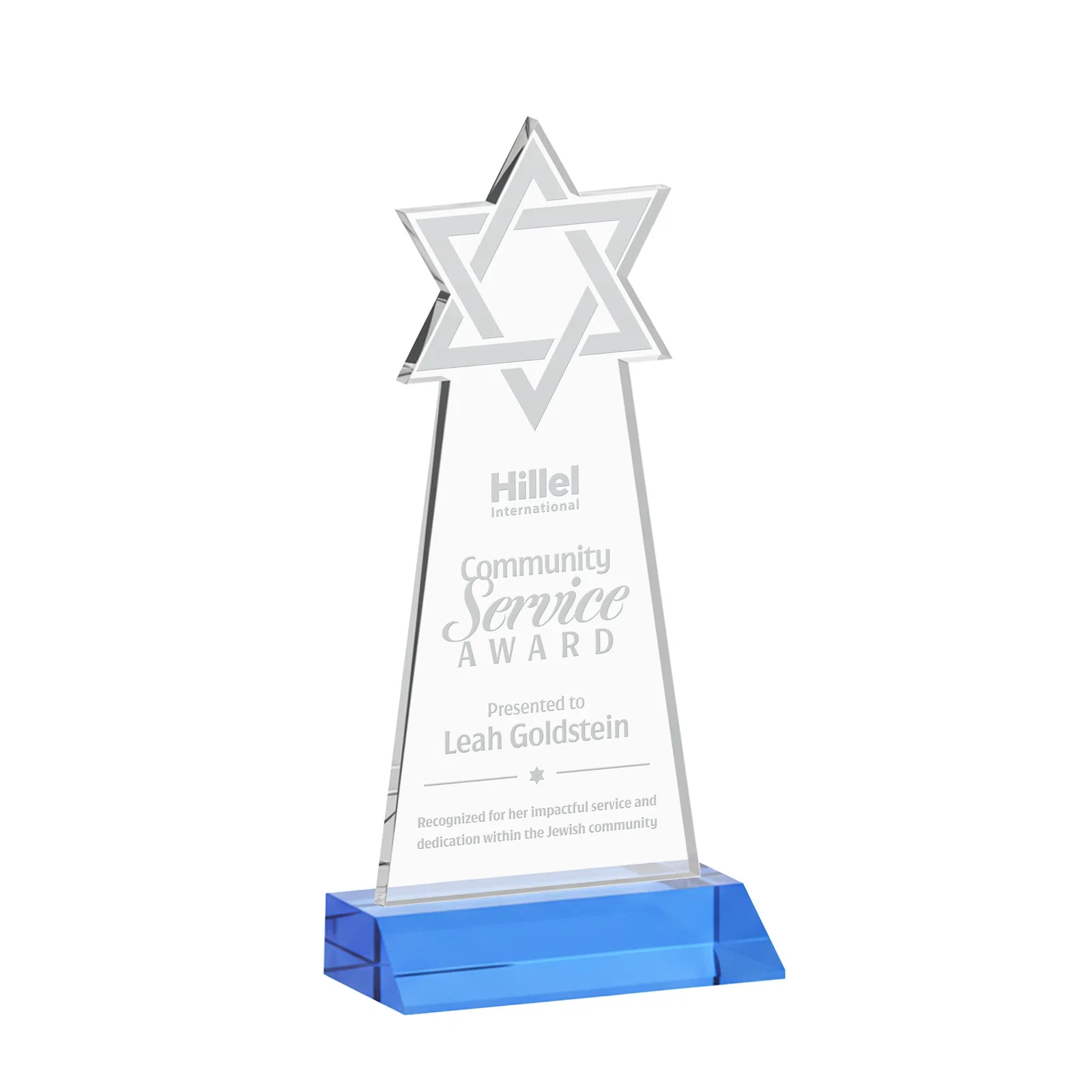 Branded Starfire Star of David Award on a Front-Mitered Base for corporate award ceremonies