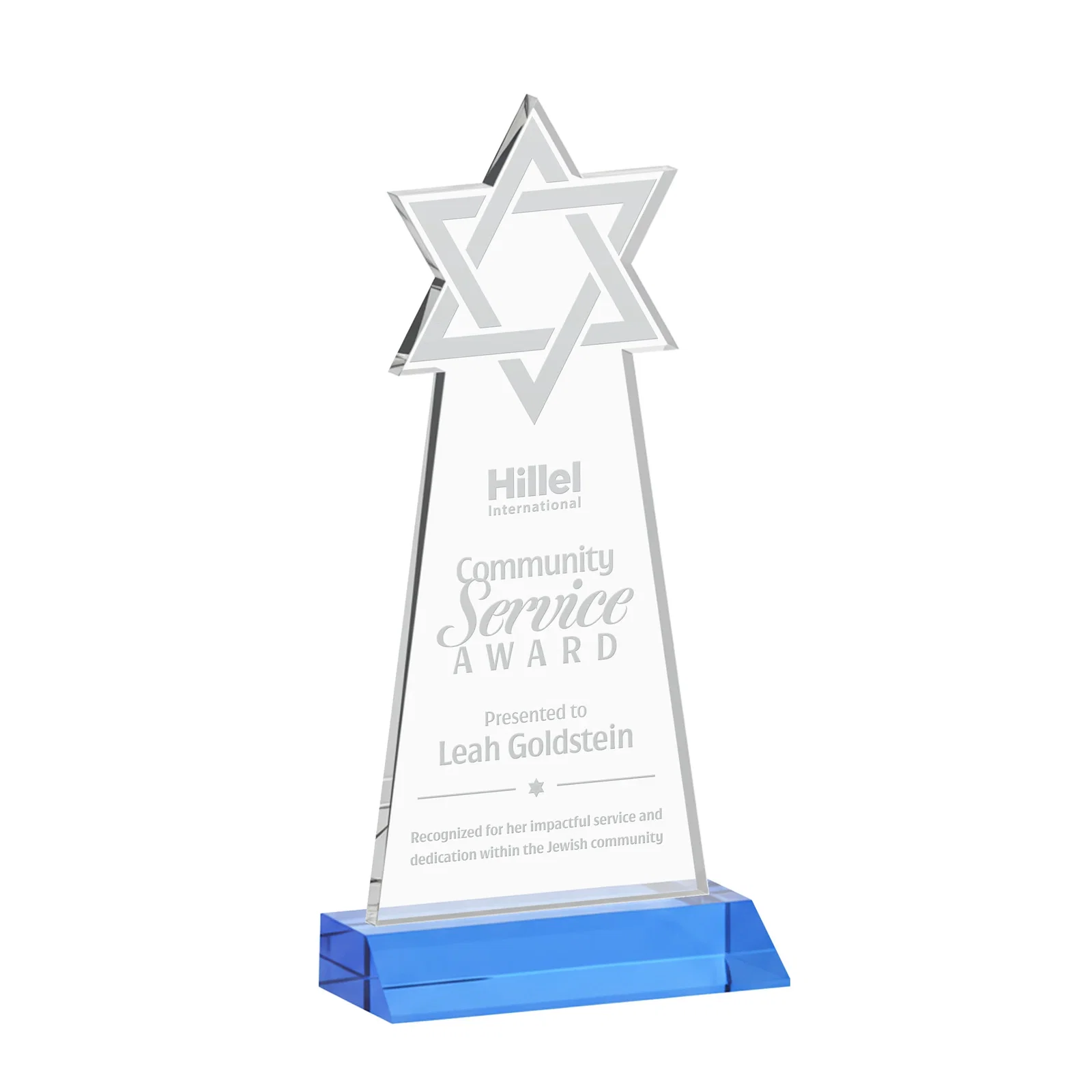Branded Starfire Star of David Award on a Front-Mitered Base for service anniversary gifts