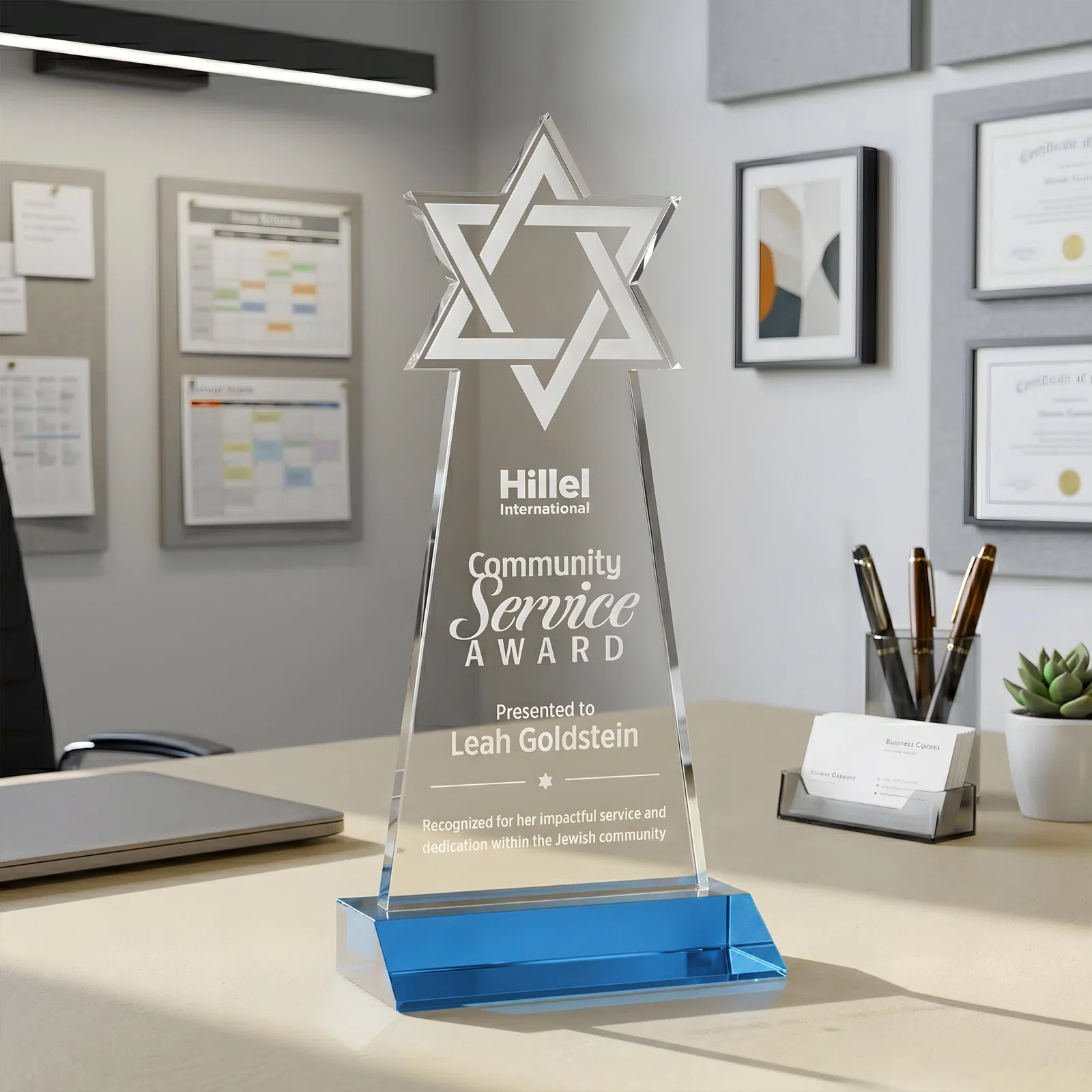 Branded Starfire Star of David Award on a Front-Mitered Base for retirement presentations