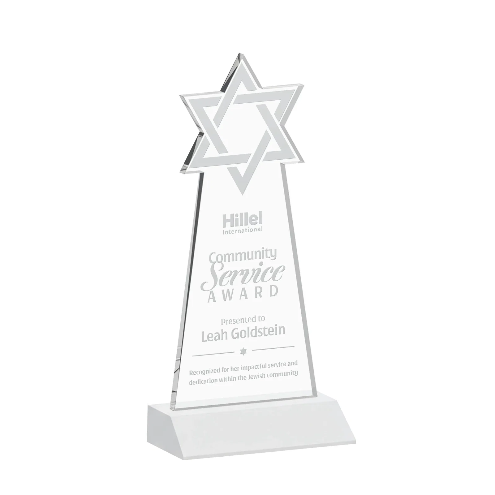 Branded Starfire Star of David Award on a Front-Mitered Base for donor appreciation