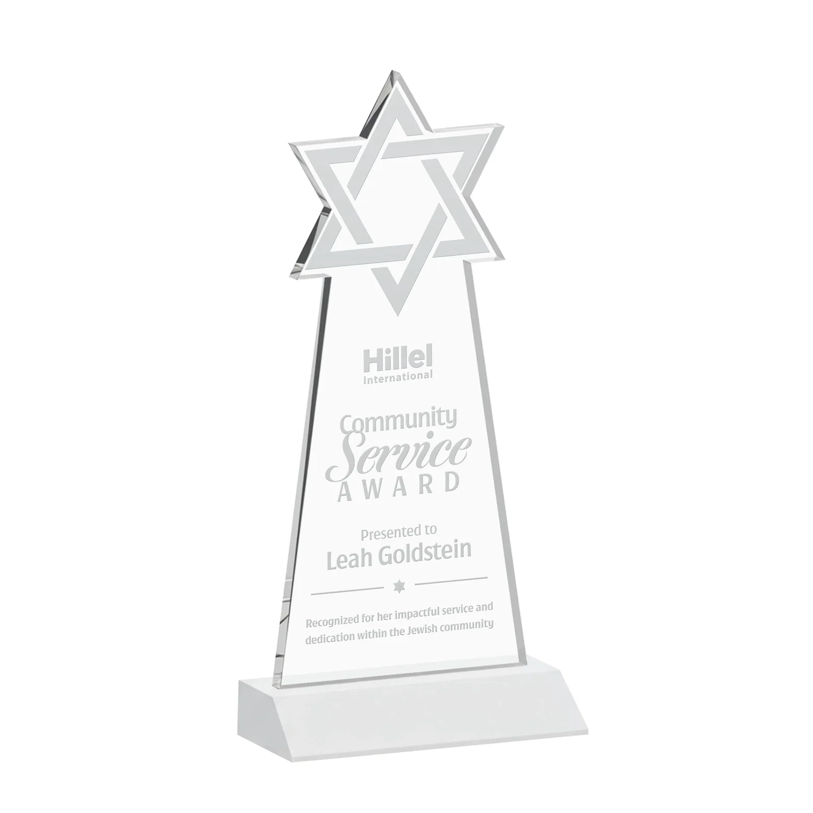 Branded Starfire Star of David Award on a Front-Mitered Base for graduation ceremonies