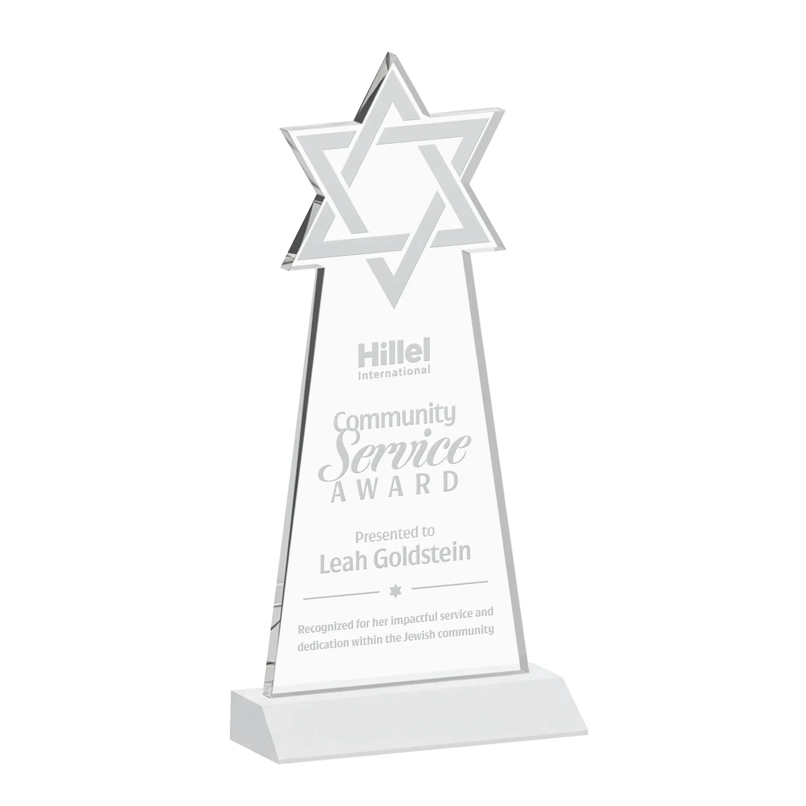 Branded Starfire Star of David Award on a Front-Mitered Base for safety achievement programs