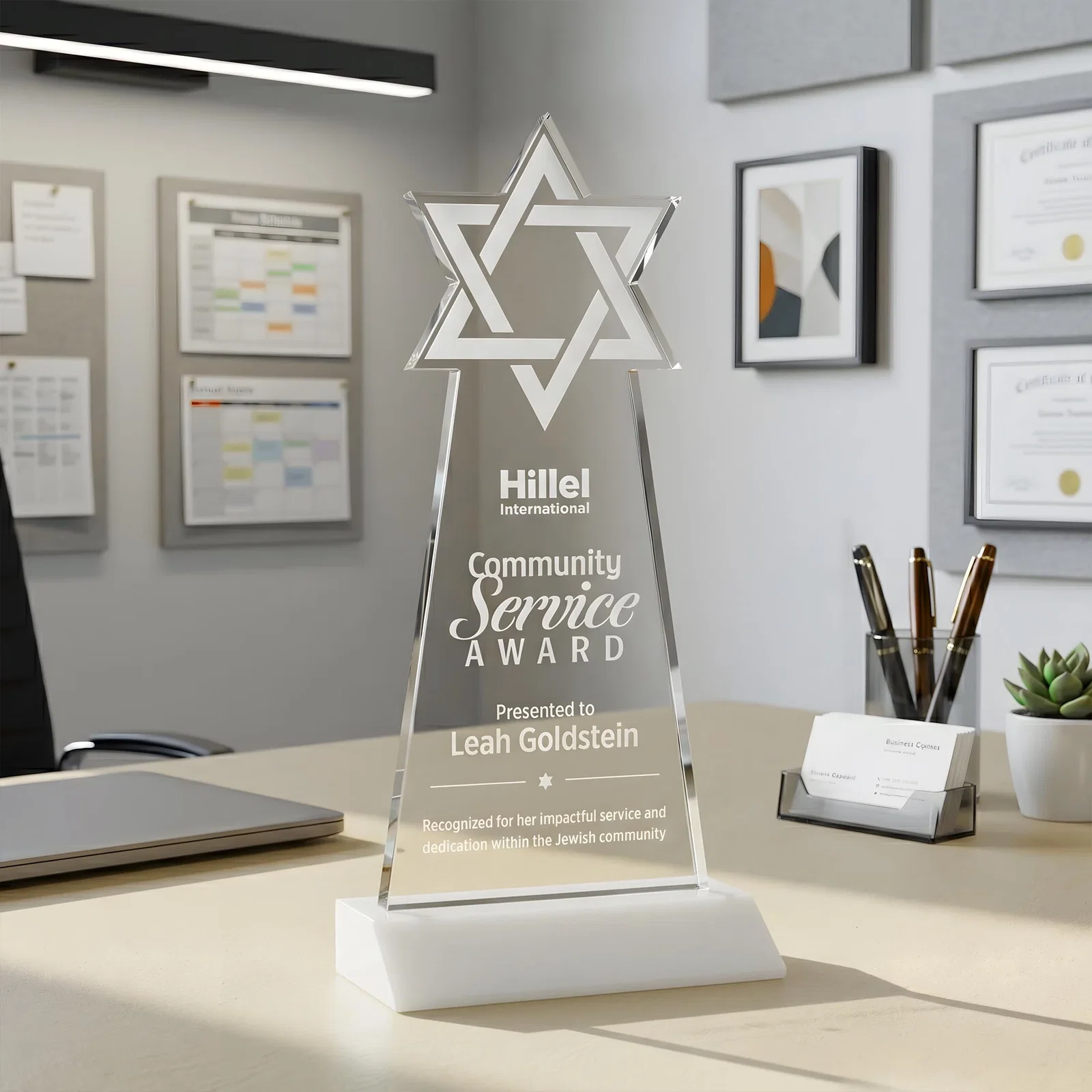 Branded Starfire Star of David Award on a Front-Mitered Base for volunteer appreciation