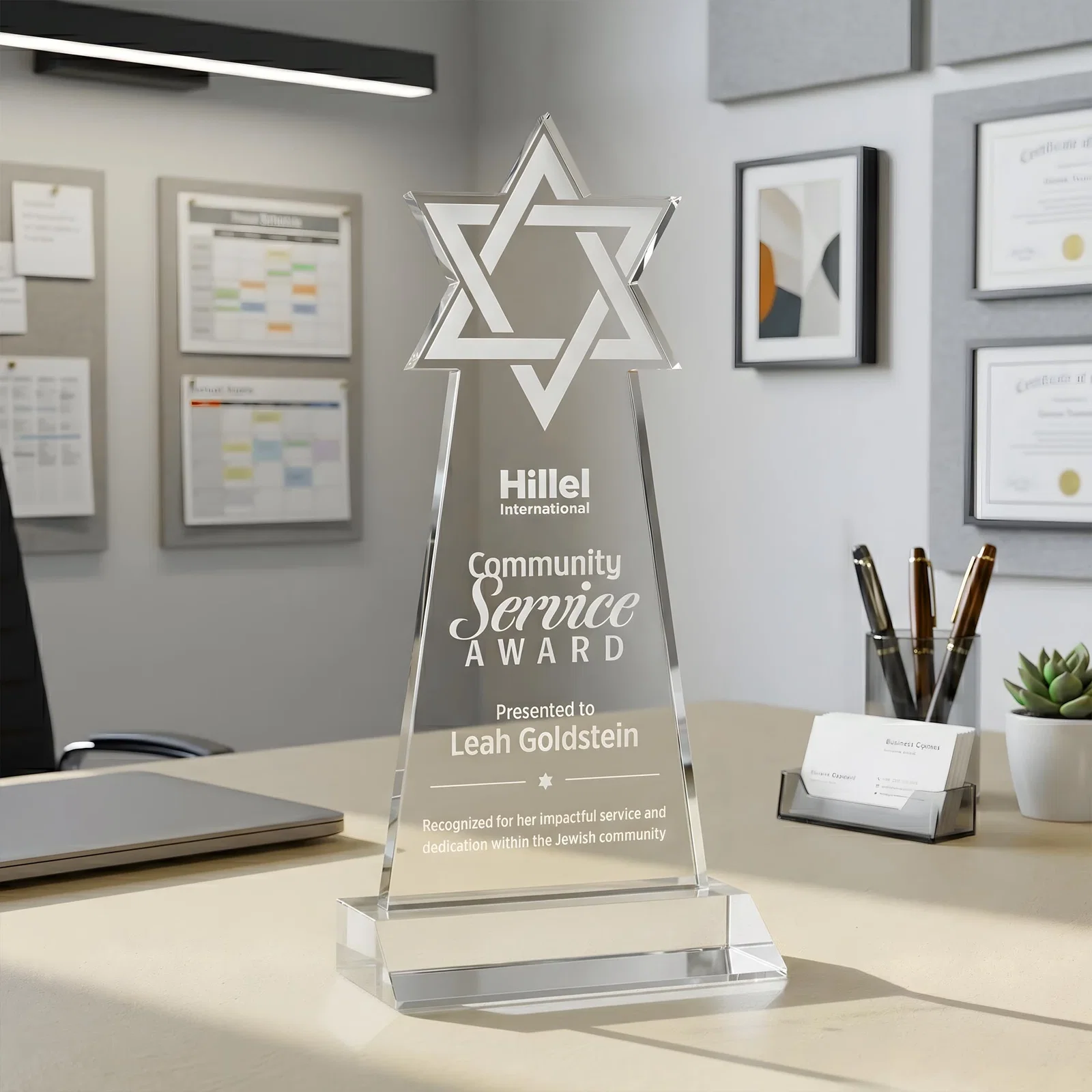 Custom Starfire Star of David Award on a Front-Mitered Base for team milestone celebrations